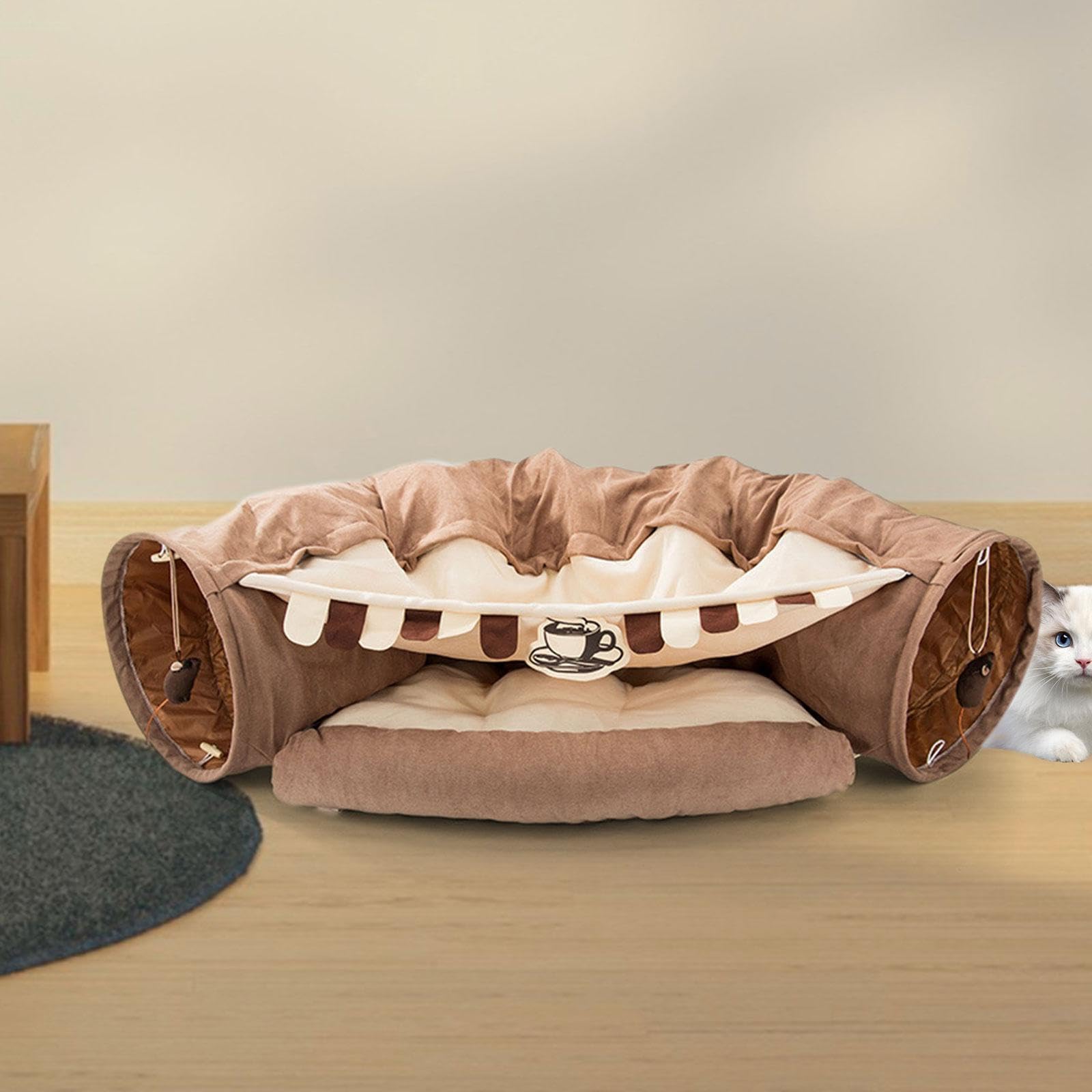 Maison de Jeu Portable pour Chat avec Coussin Lavable - Jouet Interactif pour Petits Animaux, Café