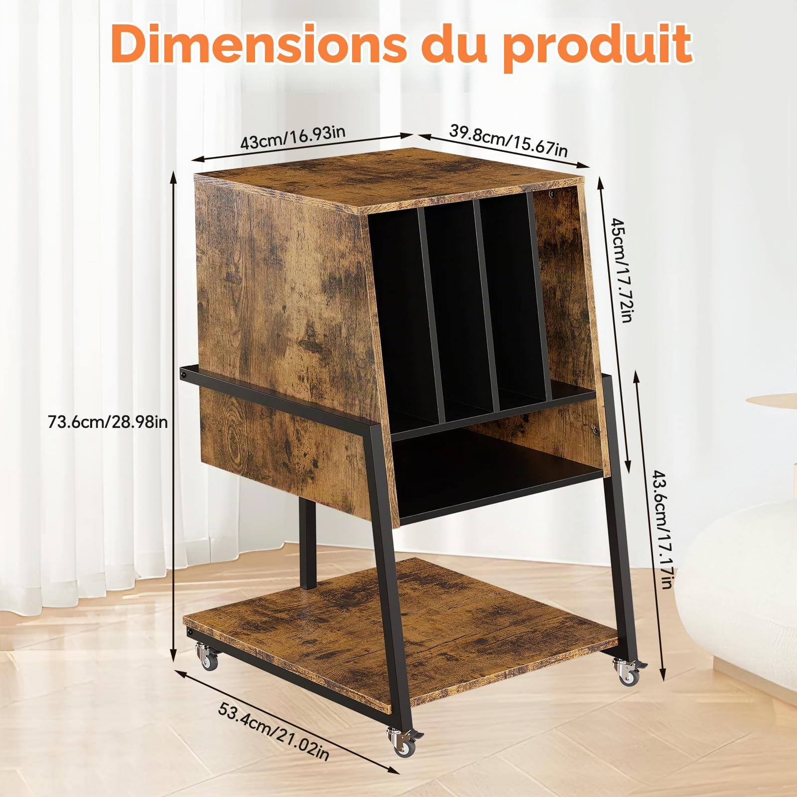 Meuble Tourne-Disque Vinyle Jusqu'à 120 Albums Meuble HIFI Vintage Présentoir à disques Support de Tourne-Disque à 4 Niveaux avec Roues 43 x 53.4 x 73.6CM Support de Rangement pour Disques Vinyles