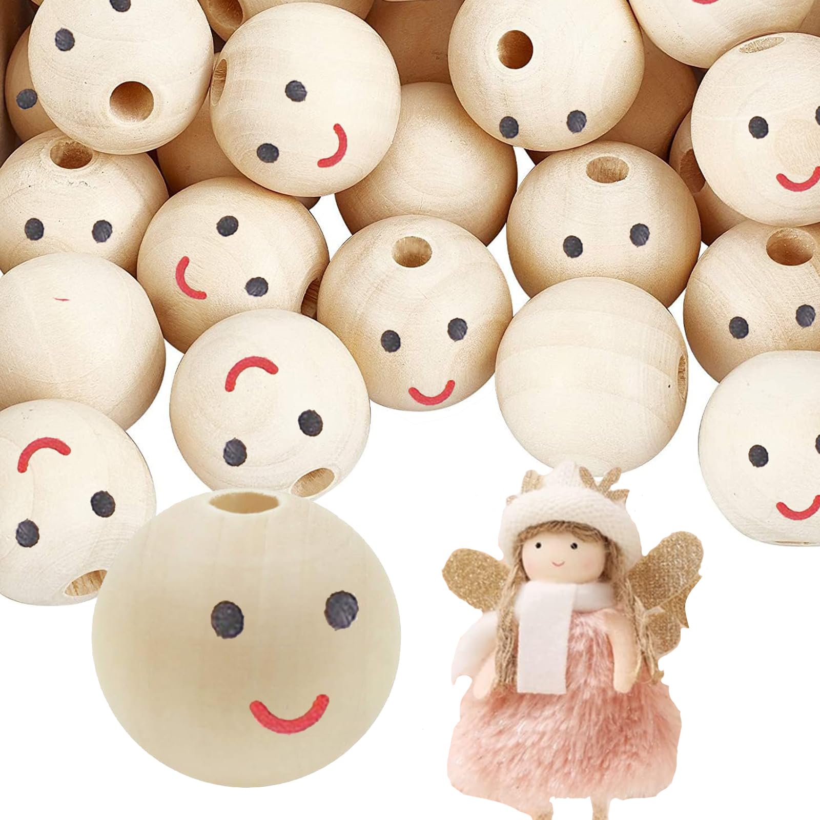 Yueser Palline di Legno con Faccine Sorridente, 30Pezzi Palline Legno