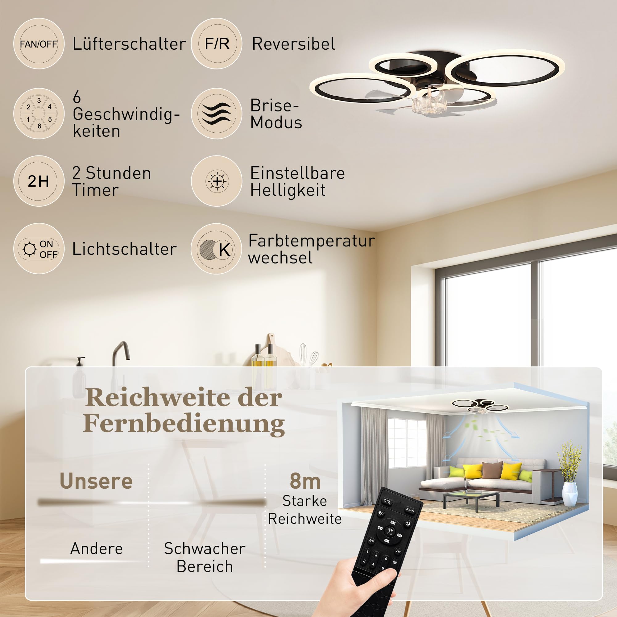 HOMCOM LED Deckenleuchte mit Ventilator 77 cm mit Fernbedienung Schwarz | Leise Deckenventilator mit Beleuchtung, 6 Geschwindigkeiten, 3 Farbtemperaturen, DC Motor, Timer, für Wohnzimmer