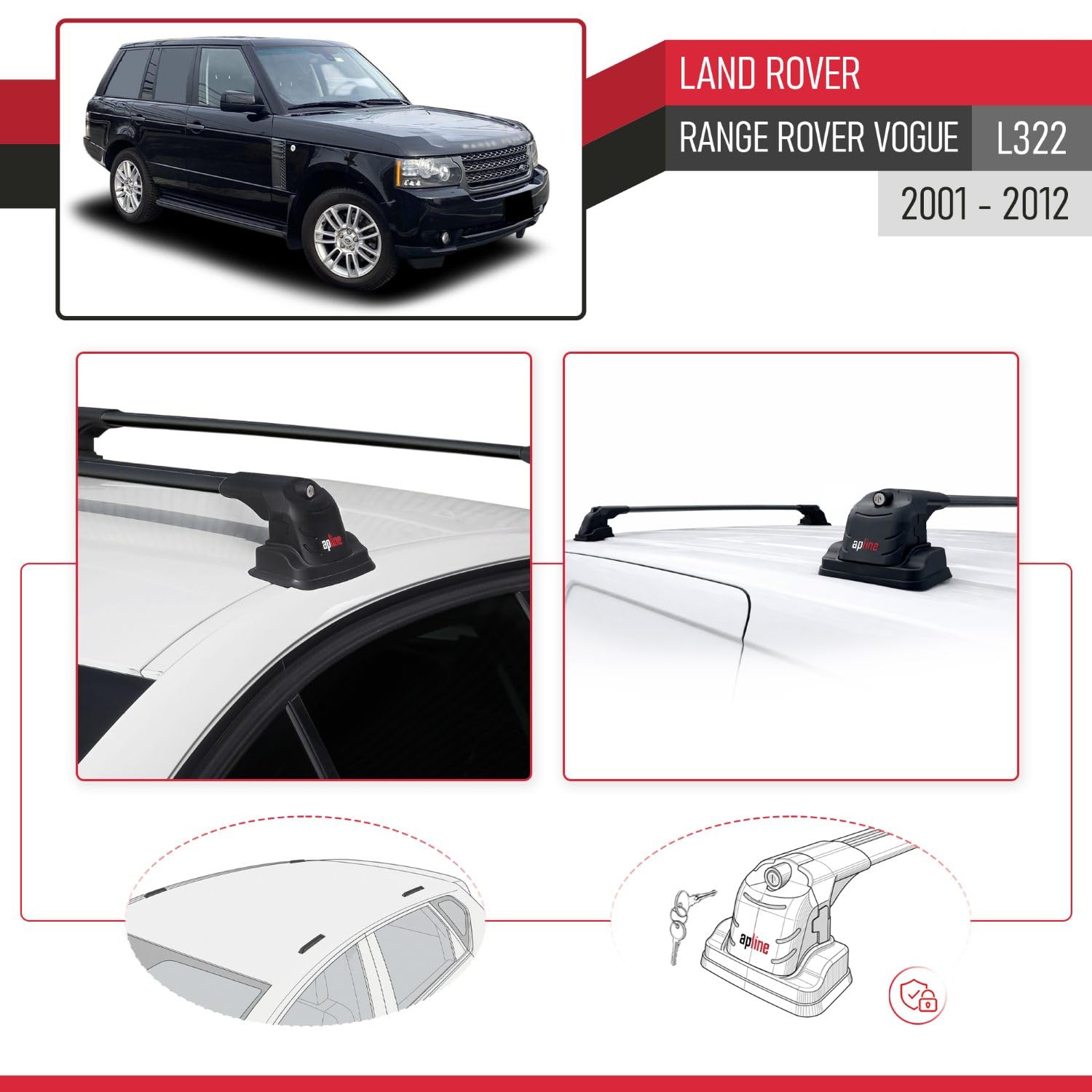 Compatible con Land Rover Range Rover Vogue (L322) 2002-2012 Ace-3 Barras de Techo Auto Portaequipajes Barras Transversales Negro Aluminio 2 Barras