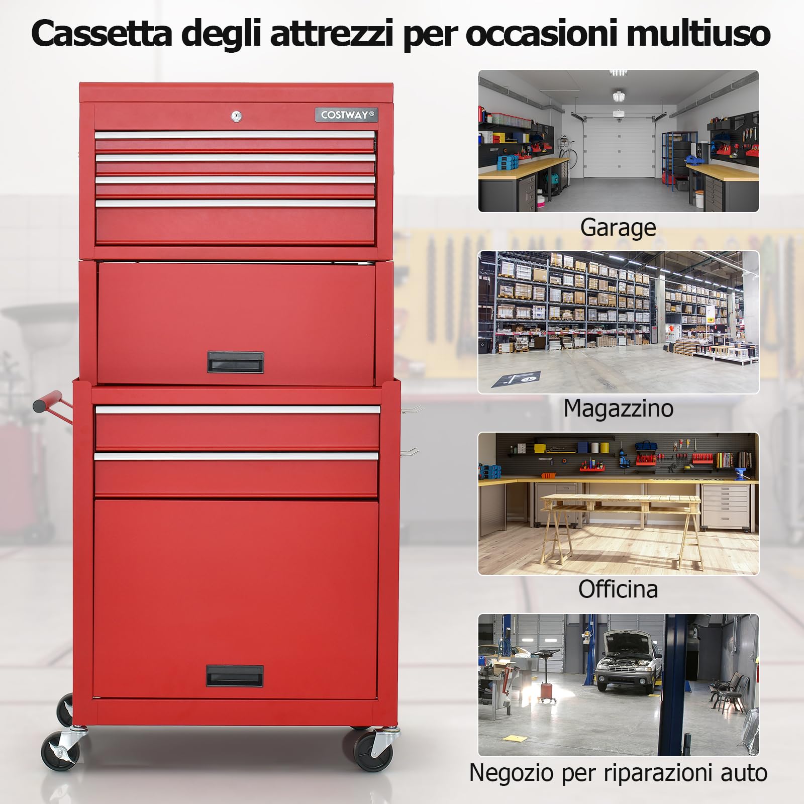COSTWAY Cassettiera Portautensili a 6 Cassetti, Carrello per Attrezzi con Ruote Bloccabili, con Ripiano rimovibile e Serratura, 61,5 x 33 x 132 cm (rosso)
