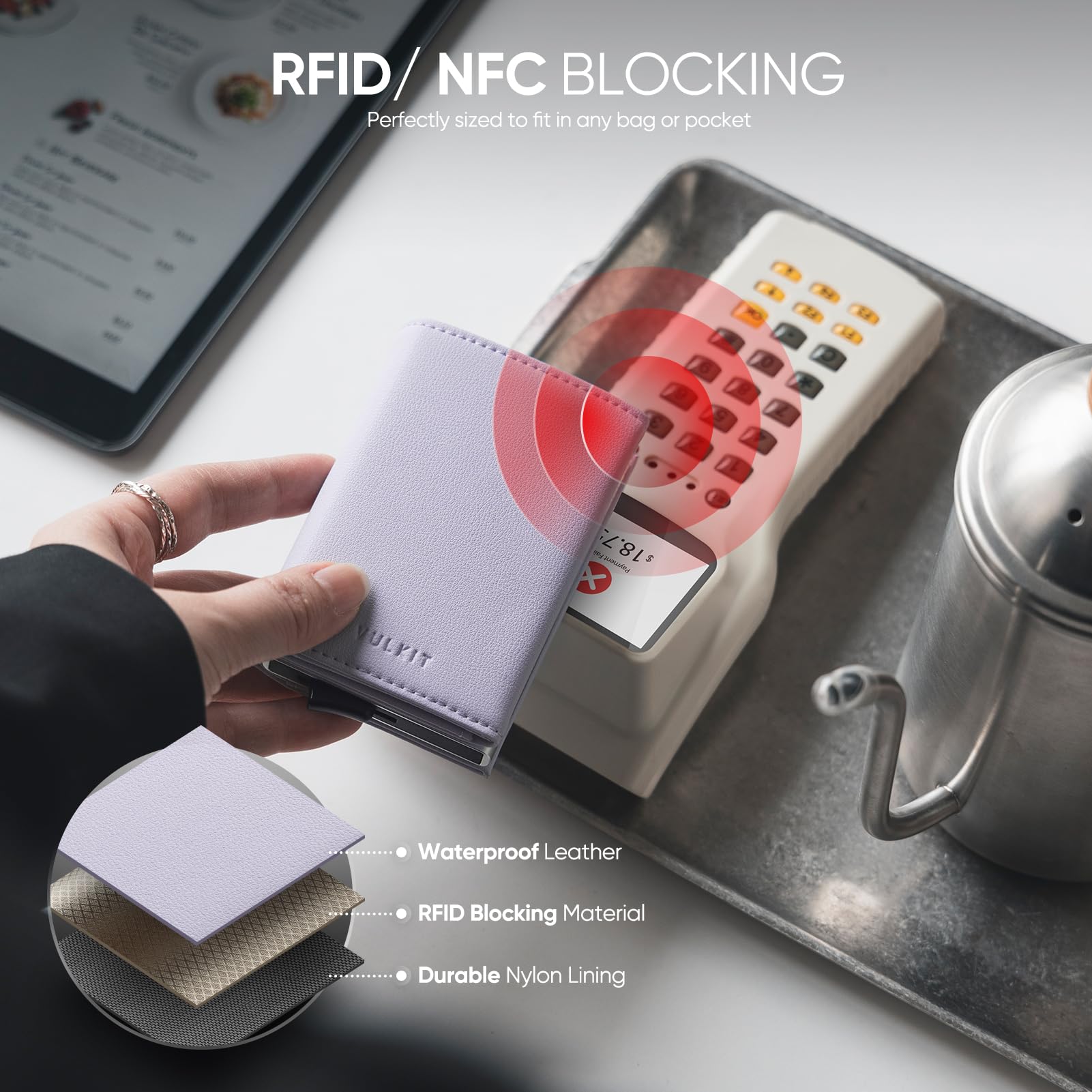 VULKIT Porta carte di credito da donna in pelle con blocco RFID, portafoglio da donna a due ante, automatico, con apertura a scomparsa e scomparto per banconote