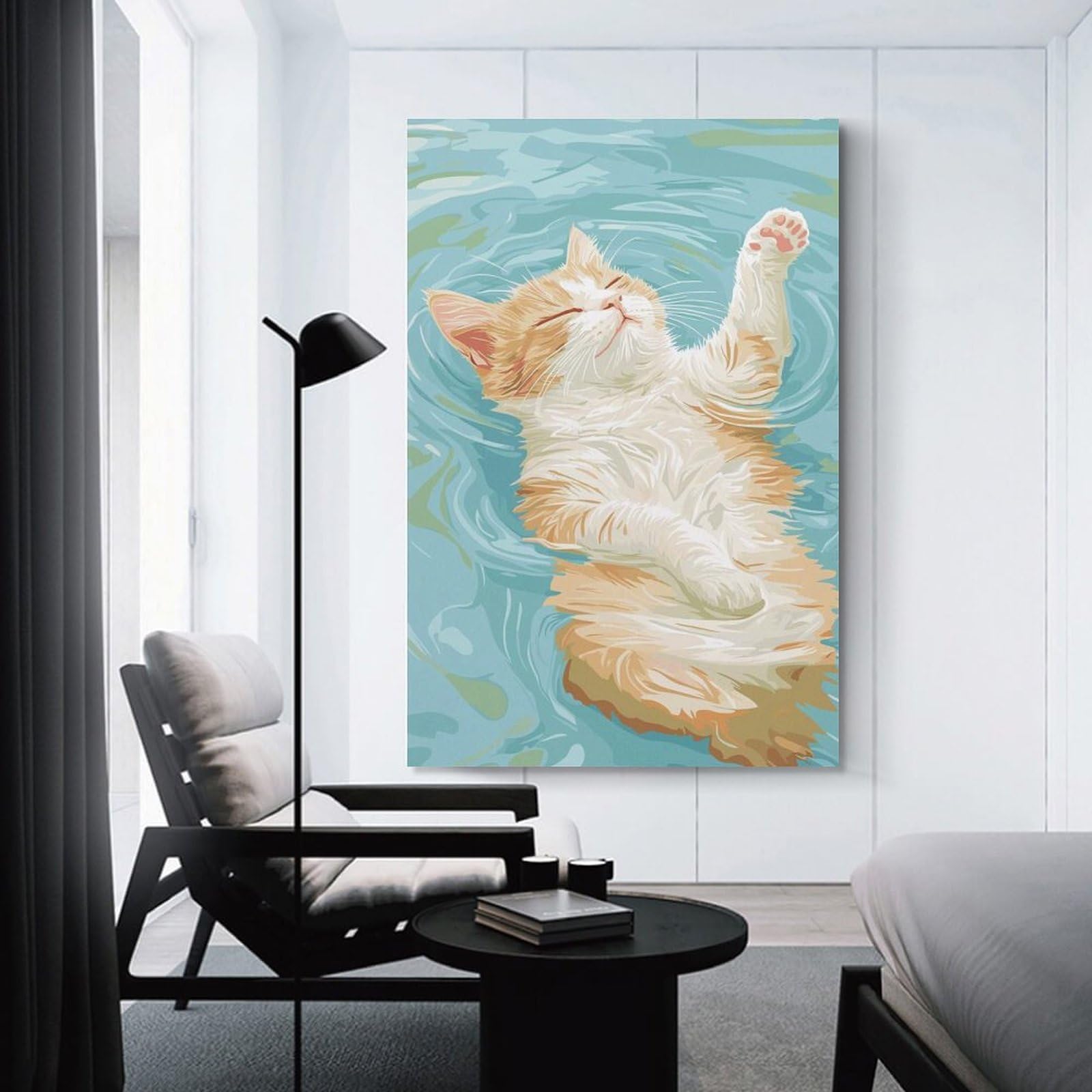 Junmoney Relaxing Cat in Water Illustration Canvas Art Print, 20x30inch(50x75cm), for Restful Interiors, Bedrooms Or Small Rooms, A Warm Accent for Relaxed Interiors