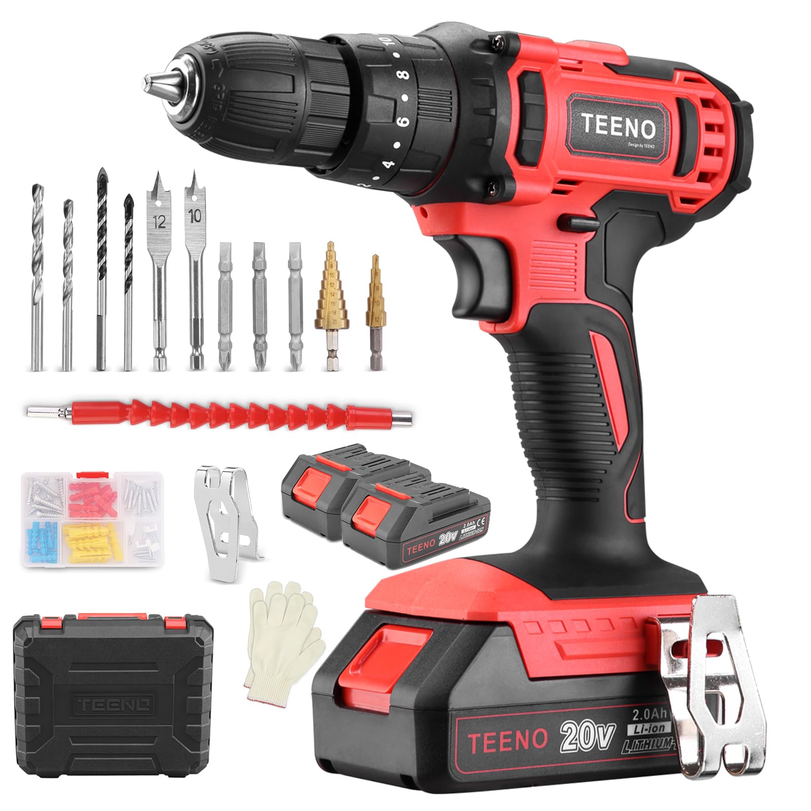 TEENOCordless Drill Set, Impact Drill Set with 2 Lithium-Ion Batteries,1 Hr Fast Charger,10mm(3/8 Inch) Chuck, Electric Drill with 2 Variable Speed, 18+3 Torque Setting, 24-Pieces Accessories