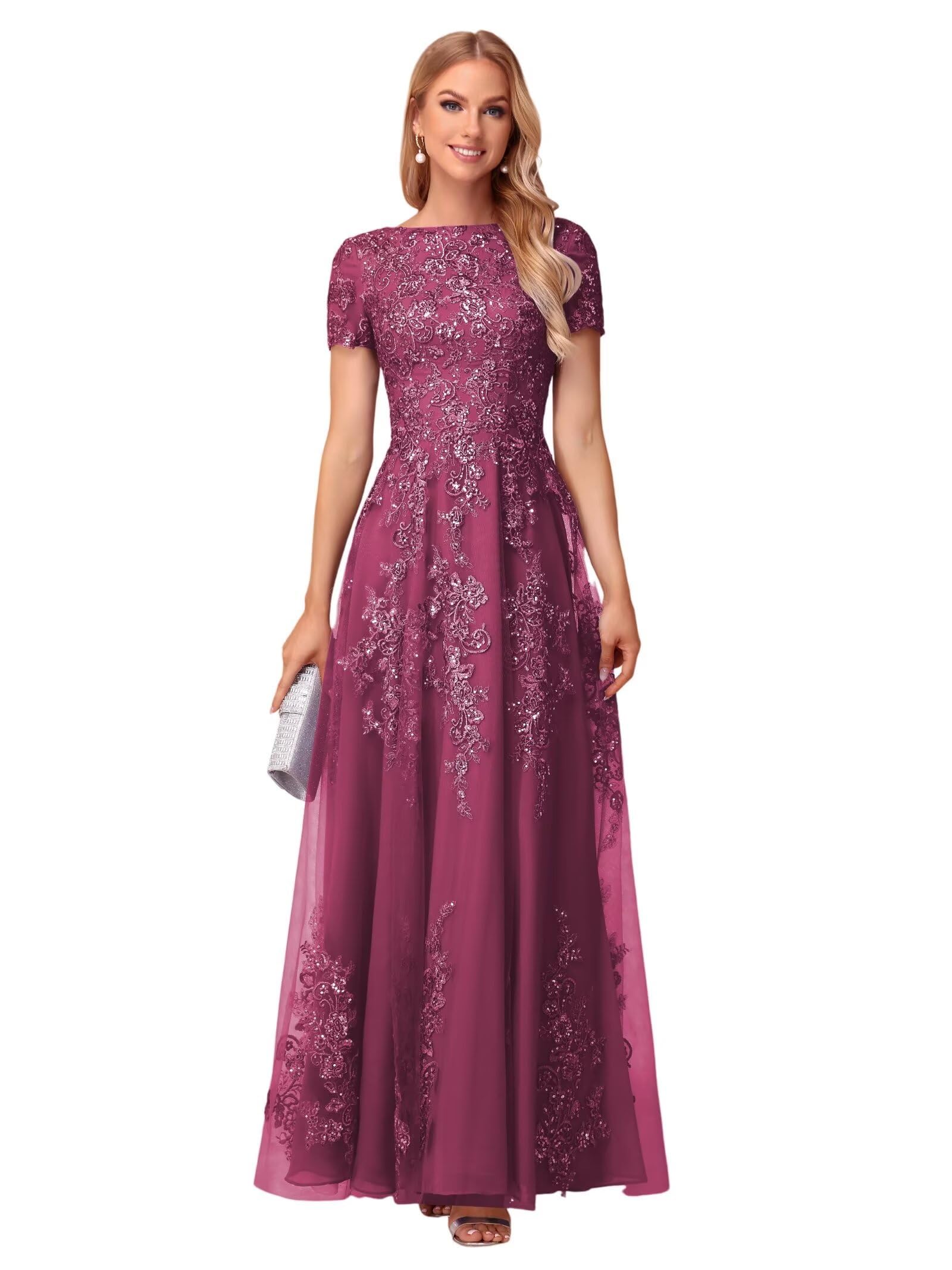 Lace Applique Mother of The Bride Dresses for Wedding Sequin Tulle Lace Crew Neck Wedding Guest Dresses