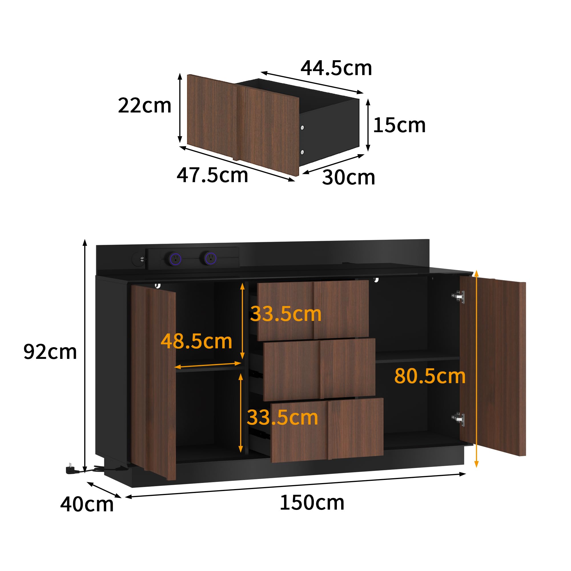 Caldion Buffet avec prise portable, armoire de cuisine avec 2 portes et 3 tiroirs, commode pour salon, armoire de cuisine, buffet avec tiroirs, 140 x 38,9 x 80 cm, marron foncé et noir