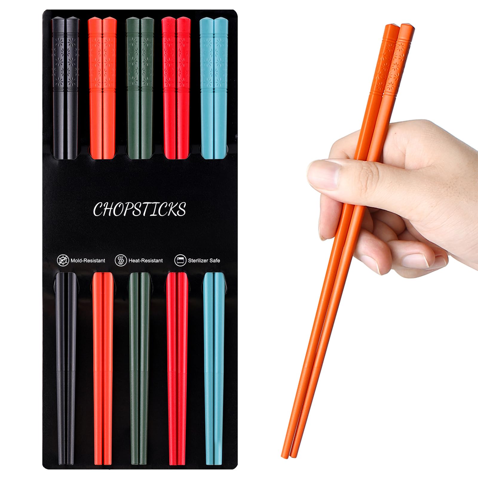 Kucensi Reusable Fiberglass Chopsticks Multicolor Dishwasher Safe 5 Pairs 24cm Japanese Chopsticks (5 Colors)