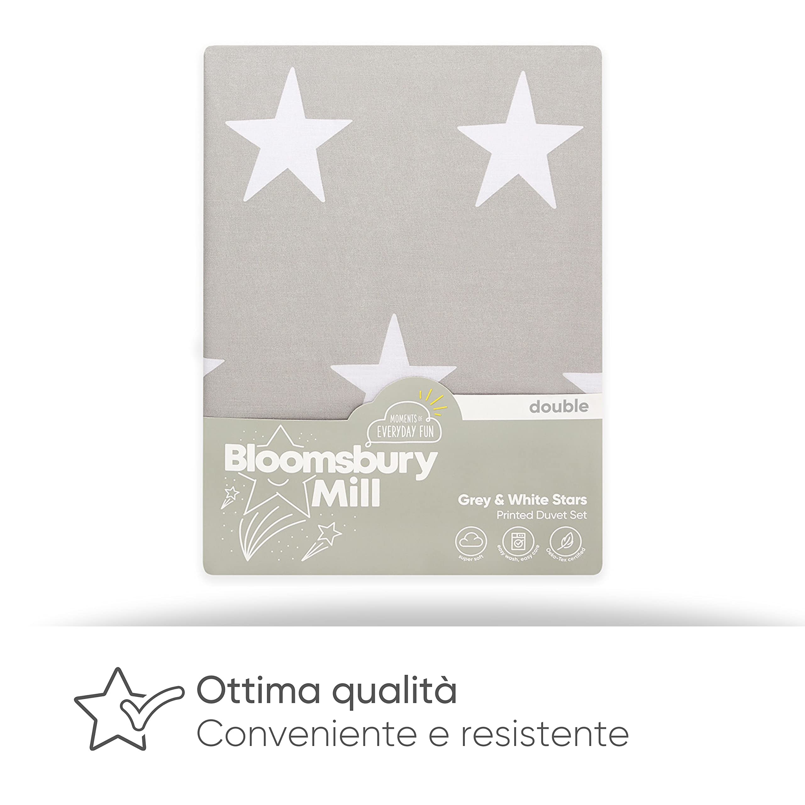 Bloomsbury Mill - Set Copripiumino Piazza e Mezza - Grigio & Bianco Stelle - Lenzuola Letto Reversibile Per Ragazzi/Ragazee - Set Di Biancheria Da Letto Per Bambini - 200 x 200cm e 2 Federe
