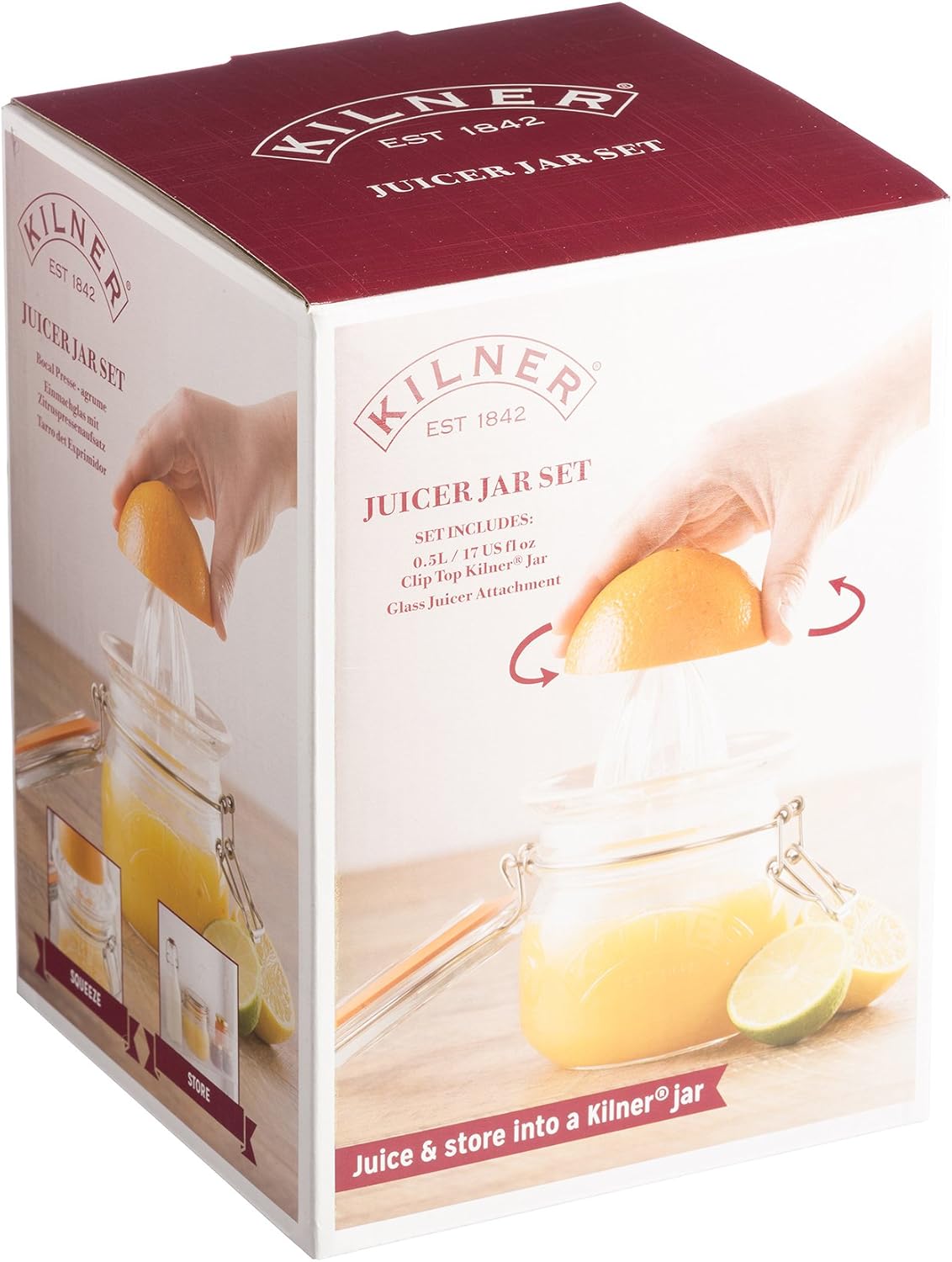 Kilner Glassware 2-Piece Juicer Jar Set, Make, Store and Serve Fresh Citrus Juice, Airtight Clip-top Lid, 17-Fluid Ounces