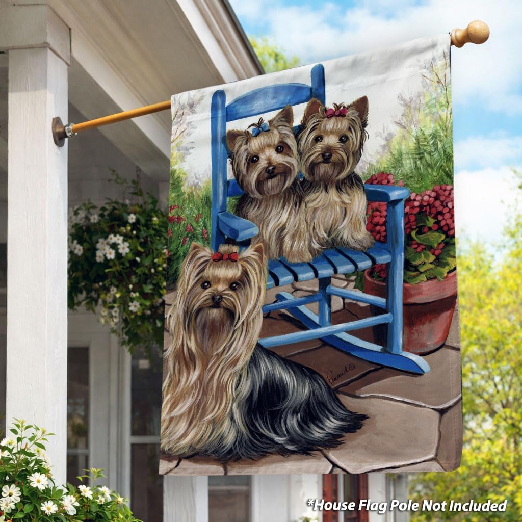 Flagology, Yorkshire Terrier Sweethearts Spring House Flag 28” x 40”, Precious Pets Paintings, Outdoor Spring Decor, Decorative Dog Lover Flag