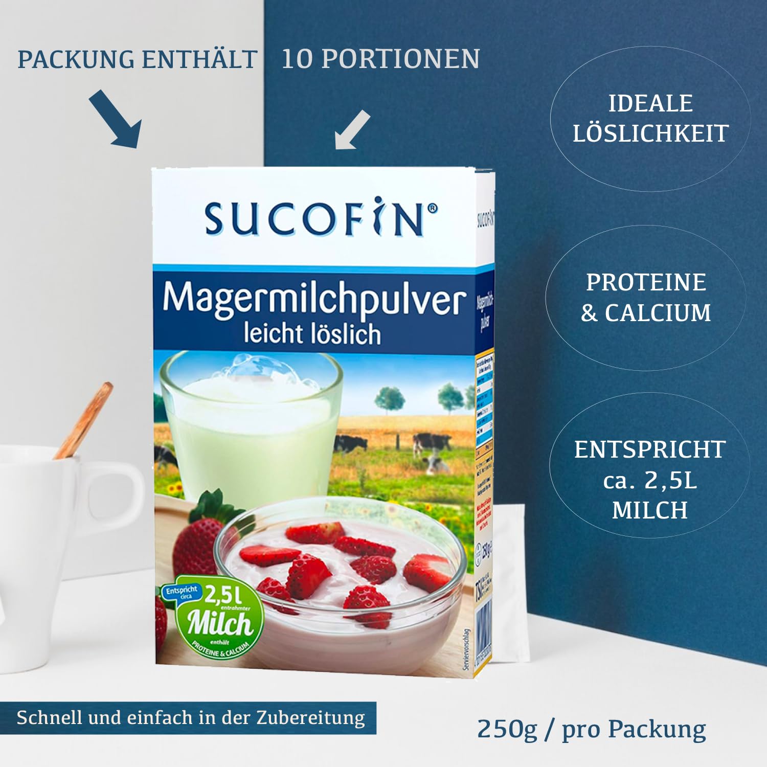 SUCOFIN Odtłuszczone mleko w proszku 27 x 250 g opakowanie ekonomiczne, łatwo rozpuszczalne, idealne jako białka do kawy i do gotowania, pieczenia, musli, deserów, idealne do restauracji, biura, domu,