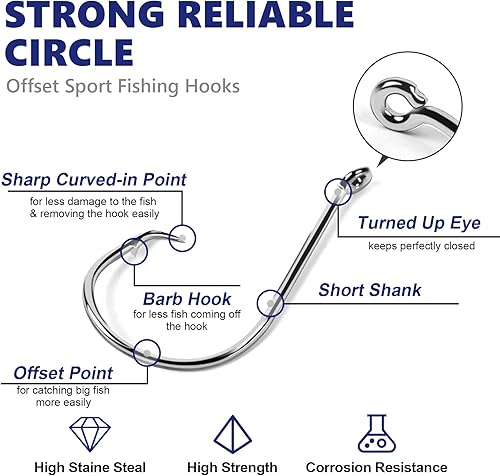 Miniatura 2 de UCEC Ganchos circulares de pesca, 2 ganchos circulares fuertes compensados, para agua salada, negro, acero de alto carbono, pulpo, bagre, anzuelos
