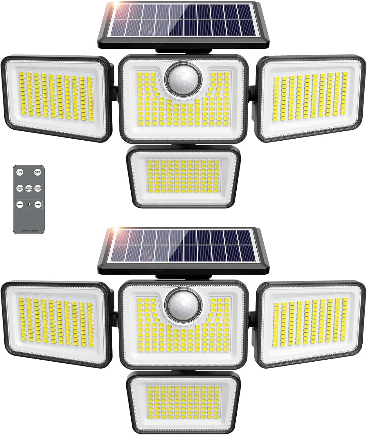4500LM Photo voltaic Lights Out of doors, 4 Adjustable Heads Movement Sensor Lights, 3 Mode, 6500K, IP65 Waterproof Photo voltaic Safety Wall Lights, Distant Management Flood Lights, Graden, Outdoors, Yard, 2 Pack