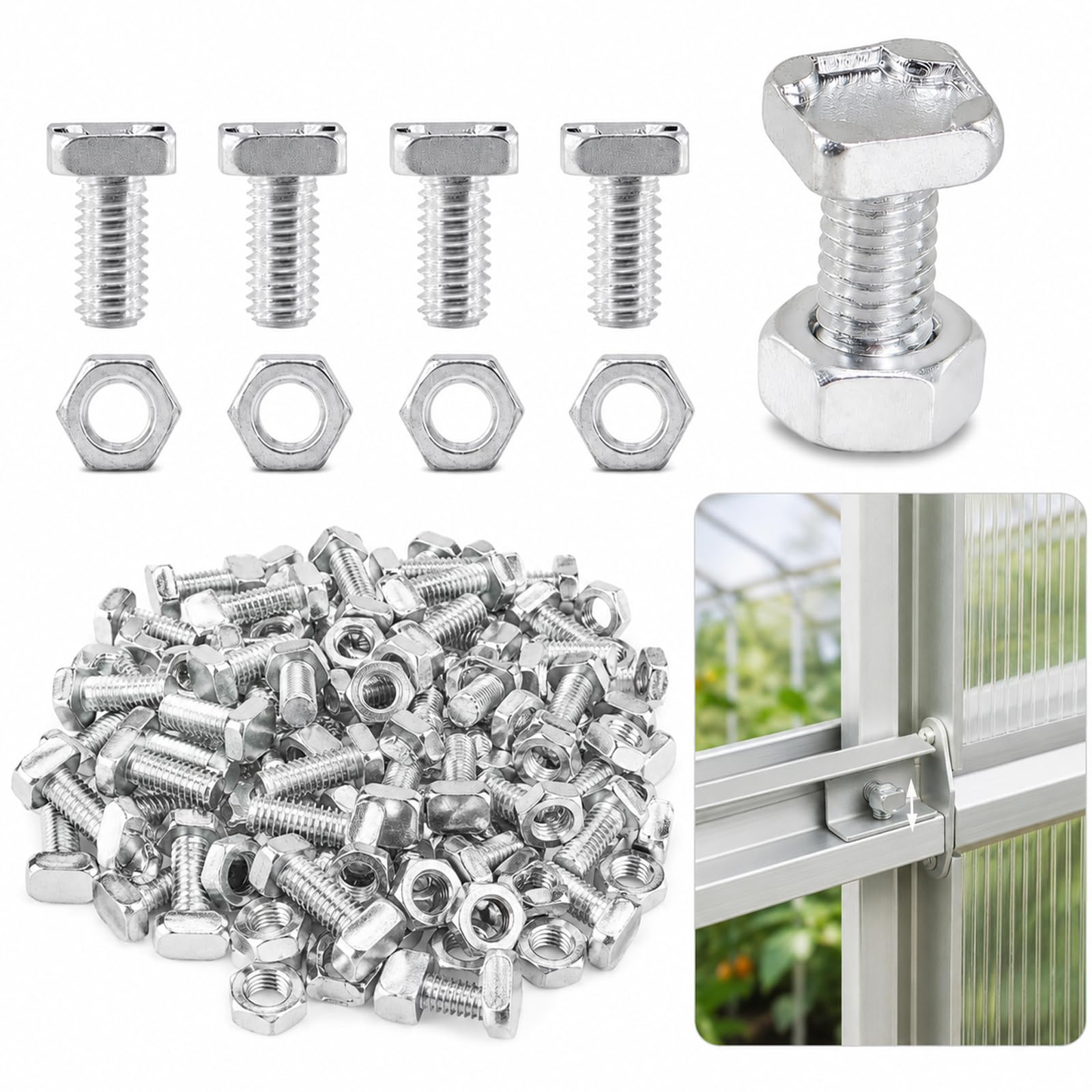50 Sets Greenhouse Nuts and Bolts, Stainless Steel Fasteners for Greenhouse Frames, Garden Structures, DIY Assembly, Metal and Wood Support