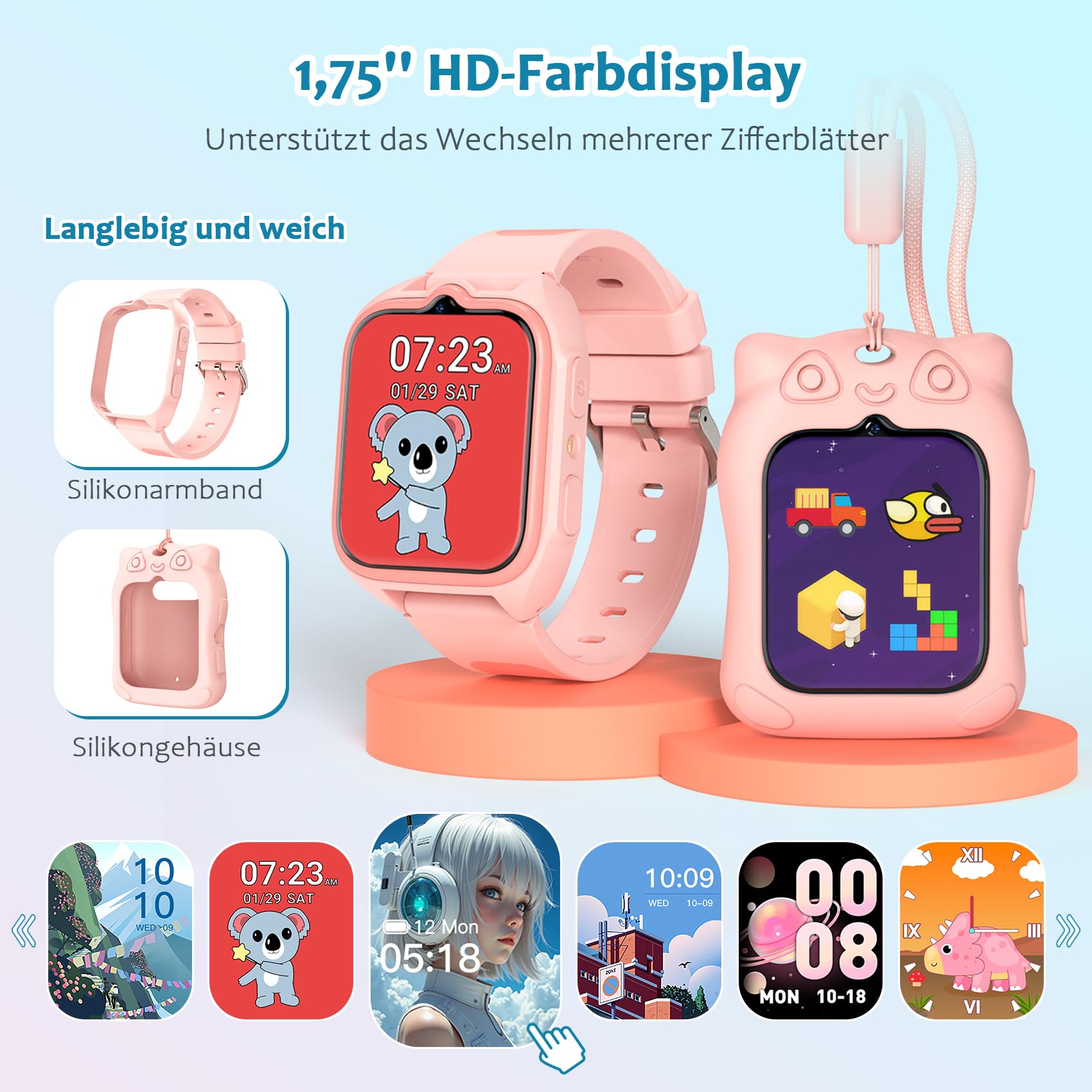 Blackview Smartwatch Kinder, 1,75'' TFT-Touchscreen, 800mAh Akku, langer Akkulaufzeit, integrierte Lernspiele, Lernkarten,Hörbücher, Kurzgeschichten, Wecker, Schrittzähler, Kinderuhr für Junge/Mädchen