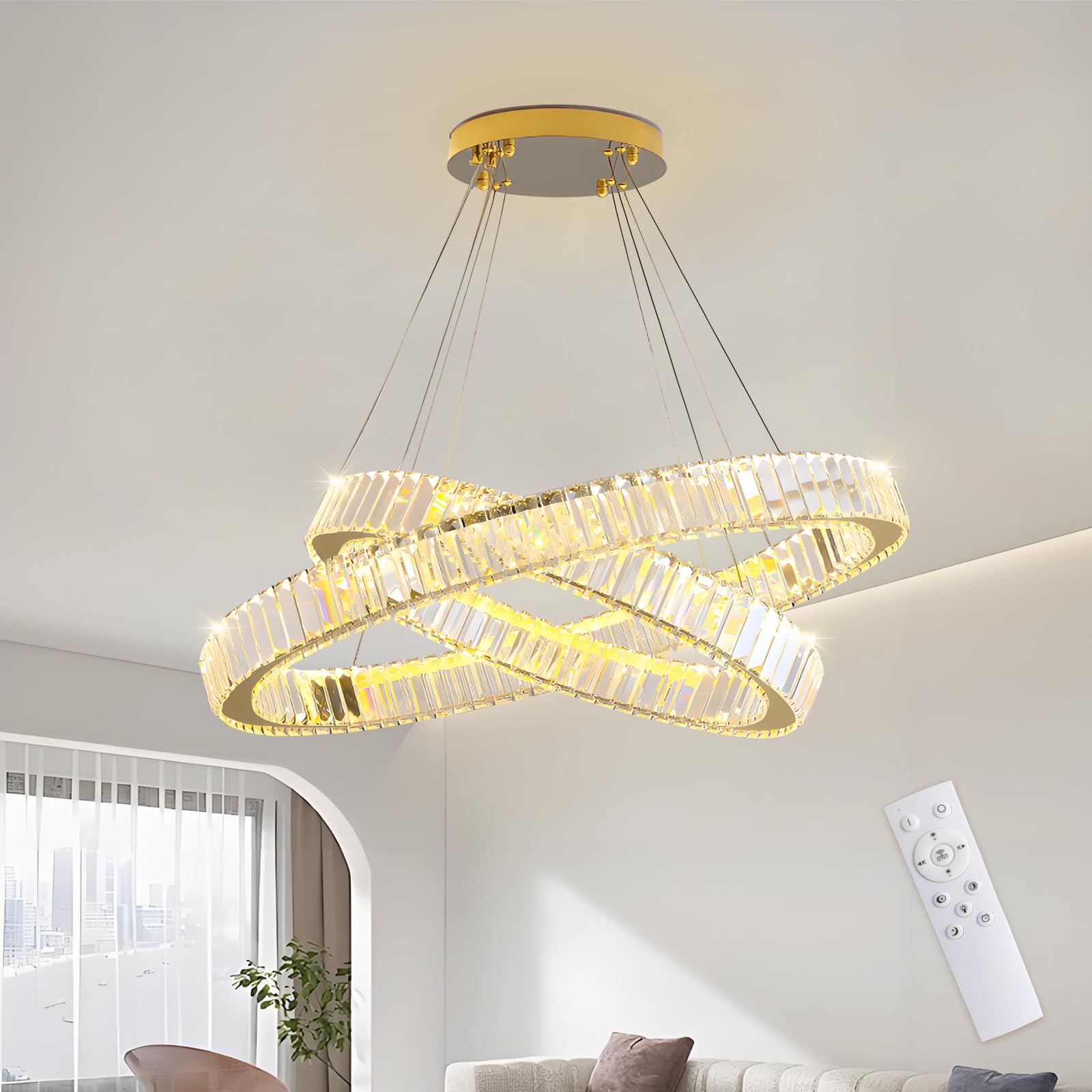 Photo 1 of Modern Crystal Chandelier 23 Inch for Dining Room Luxury Round Crystal Chandelier Adjustable Hanging Pendant Light Fixture for Living Room Entryway Kitchen Island Bedroom (Gold, D23'' 2 Lights)