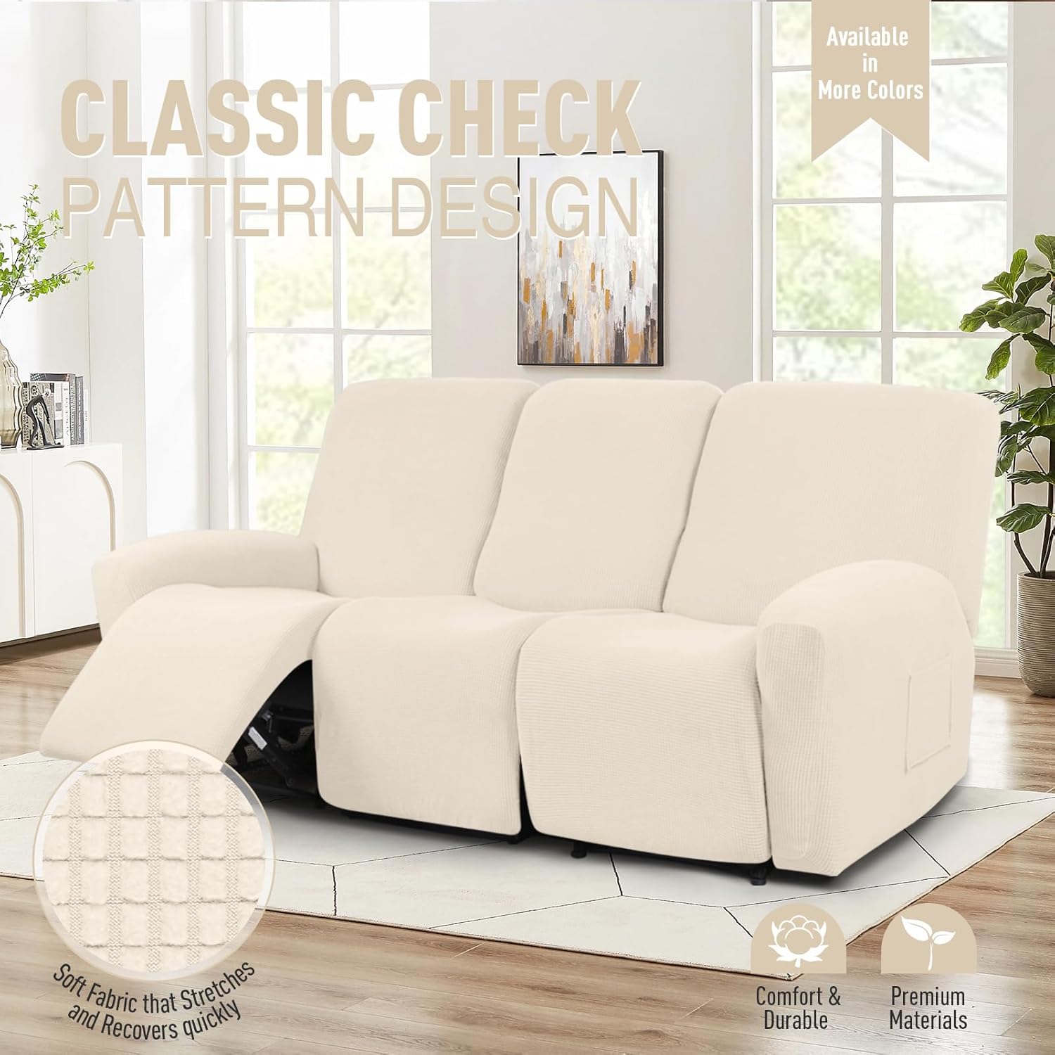 TAOCOCO Recliner Loveseat Cover with Middle Console & Recliner Chair Covers & Recliner Sofa Covers for 3 Seat, Beige