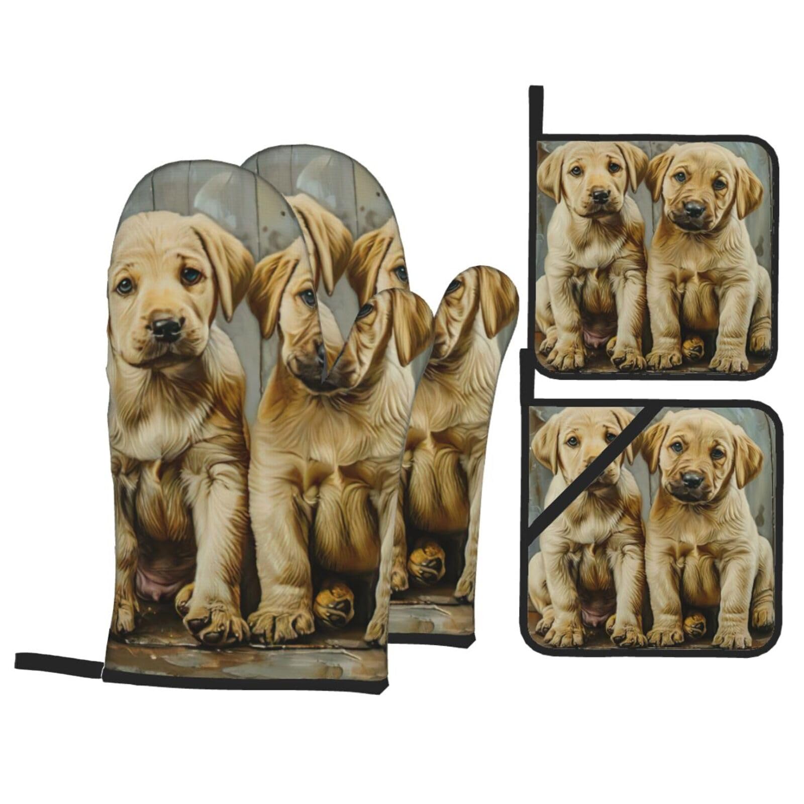 puppies dog Print 4-Piece Heat-Resistant Oven Waterproof Kitchen Gloves Cooking Roasting Essential