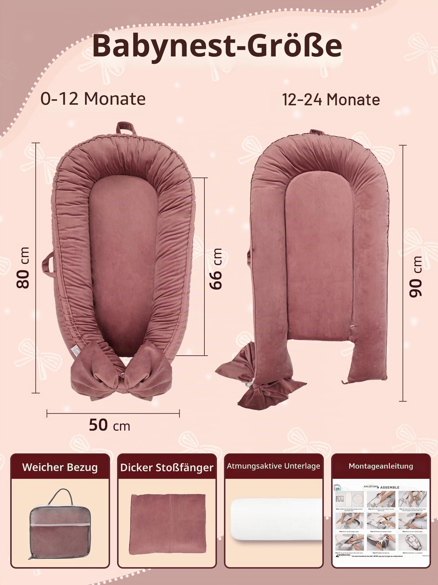 EAQ Babynest Nestchen Baby Weiches Atmungsaktives Babybett für Neugeborene Geschenk Baby Erstausstattung Neugeborene (Bohnenpaste rosa)