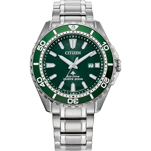 Citizen Men's Promaster Sea Eco-Drive Stainless Steel Watch, 3-Hand Date, One-Way Rotating Bezel, ISO Compliant, Luminous Hands and Markers, Green Dial (Model: BN0199-53X)
