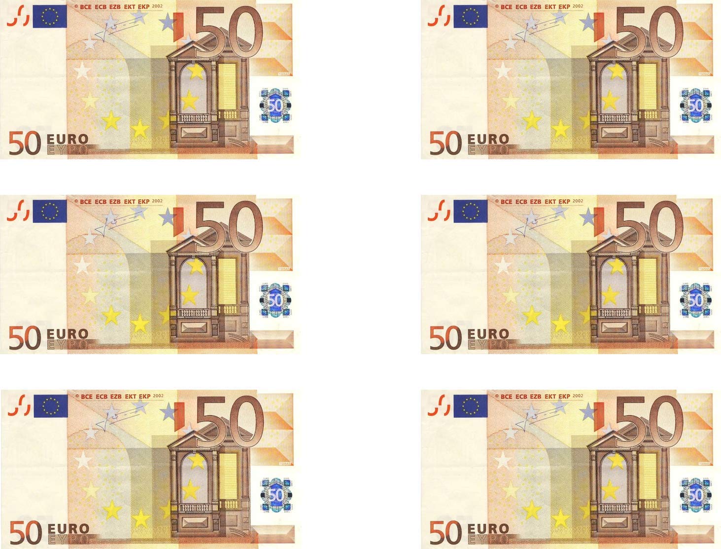 6 x 50 Euro Note Cake Decoration Topper in Icing, Wafer or Wafer Card (Icing)