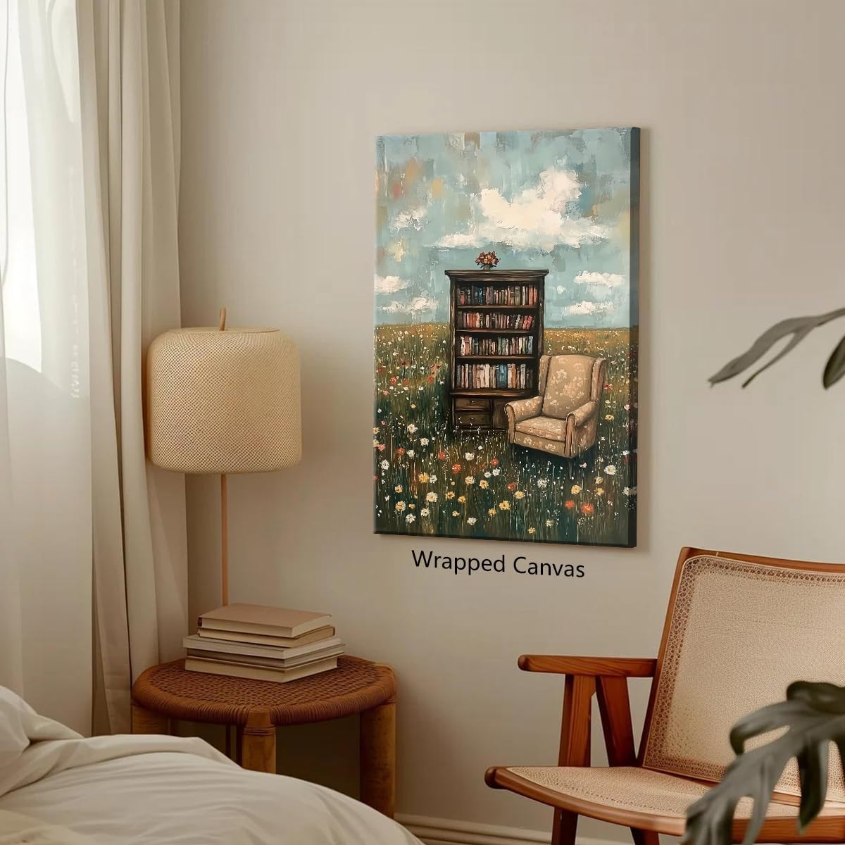 YOZWNGU Book Canvas Wall Art, Bookshelf and Sofa In Floral Field Poster, Impressionist Flower Landscape Painting Library Reading Nook Decor, Rustic French Country Bookish Print Gifts 24x36in Unframed