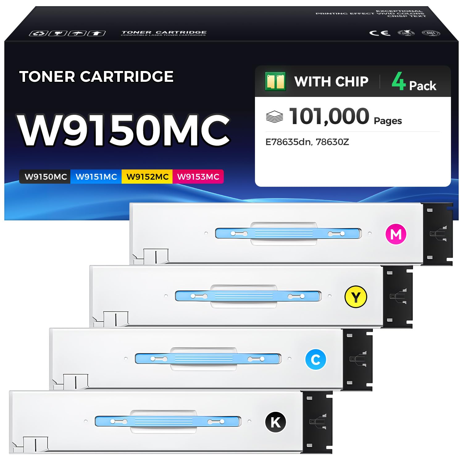 W9150MC Toner Cartridge W9151MC W9153MC W9152MC 4-Pack High Yield Replacement Compatible with HP Color Managed MFP E78625dn E78630dn E78635dn E78625 E78630 E78635 Printer Ink Black Cyan Magenta Yellow