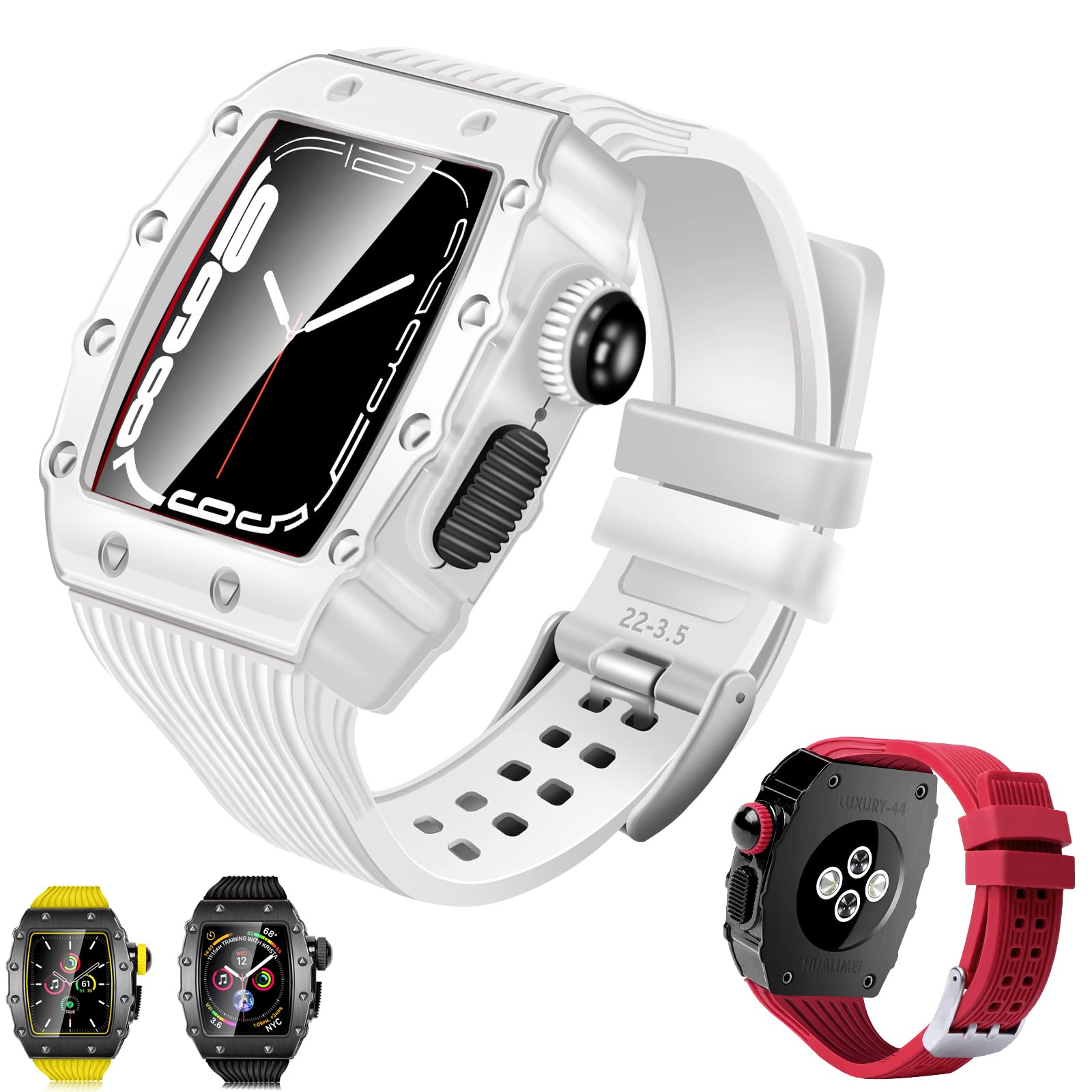 SCHIK Luksusowe metalowe etui + hartowana folia do Apple Watch Band 44 mm, 45 mm, sportowy silikonowy pasek do iWatch serii 8, 7, 6, SE, 5, 4, zestaw modyfikacyjny