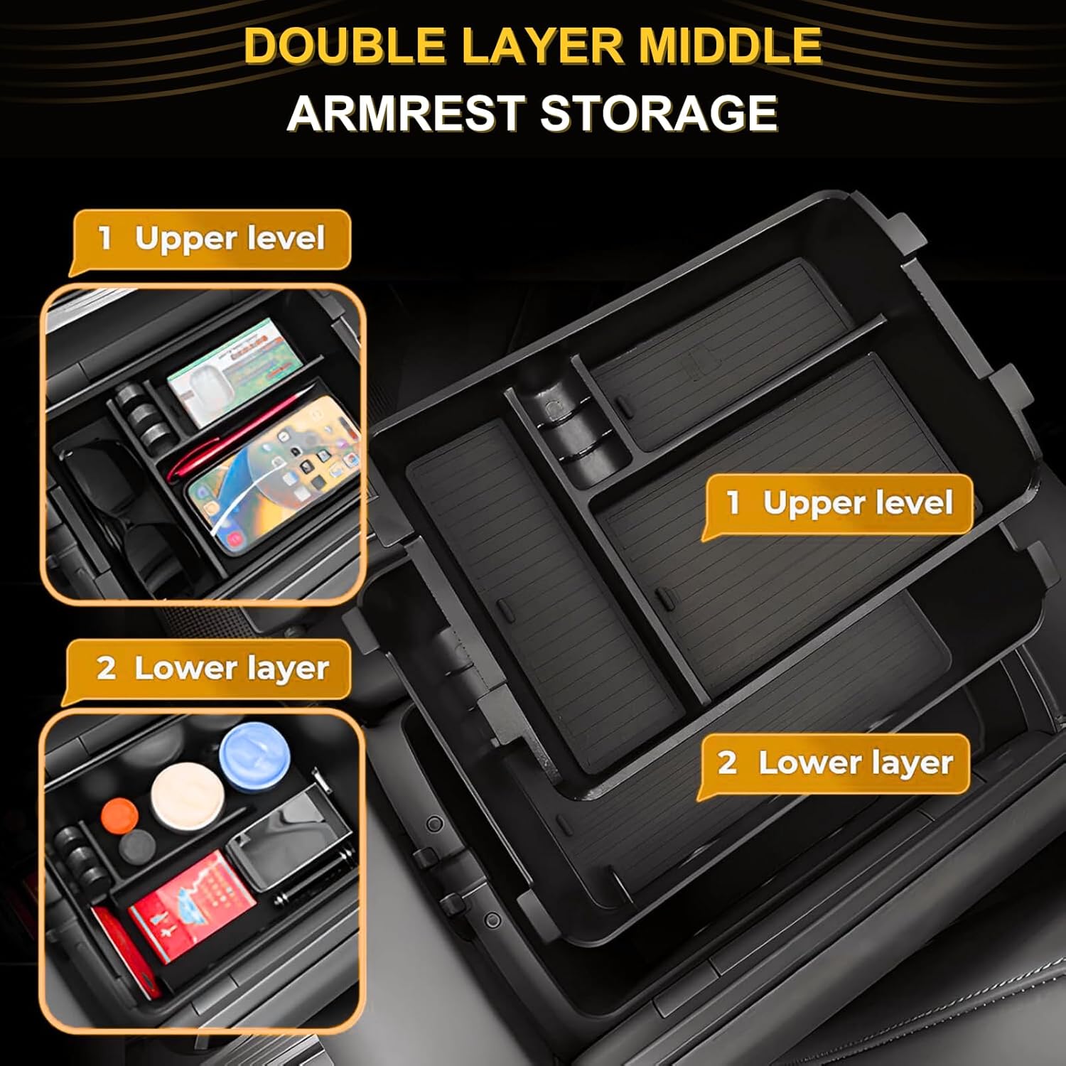 For New 2026 Hyundai Palisade Calligraphy Center Console Organizer Tray Double Layer Middle Armrest Storage Compartment Interior Accessories - (Only for Dual-Opening Center Console)