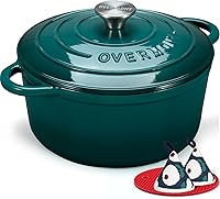 Overmont 5.5QT Enameled Cast Iron Dutch Oven Bottle Green - Cookbook & Potholders Included for Braising, Stews, Roasting, Bread Baking