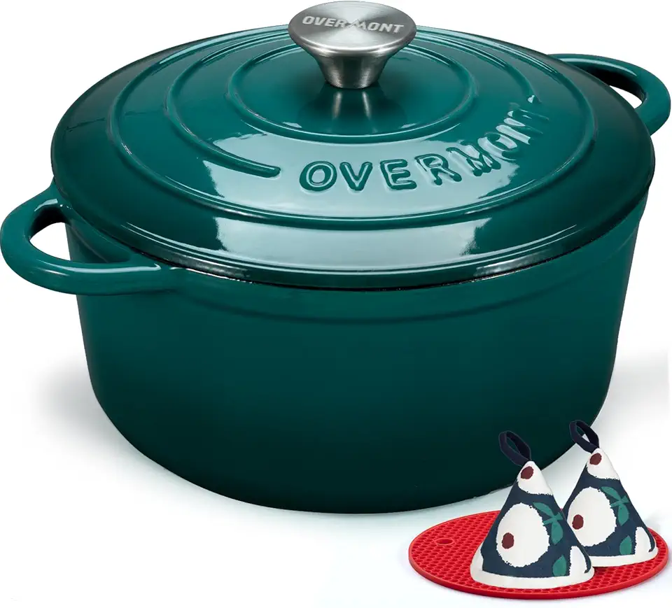 Overmont Caçarola redonda de ferro fundido esmaltado 5L com tampa livro de receitas e pegadores de panela de algodão - panelas de forno holandês antiaderentes para refogar, ensopados, assar, assar pão