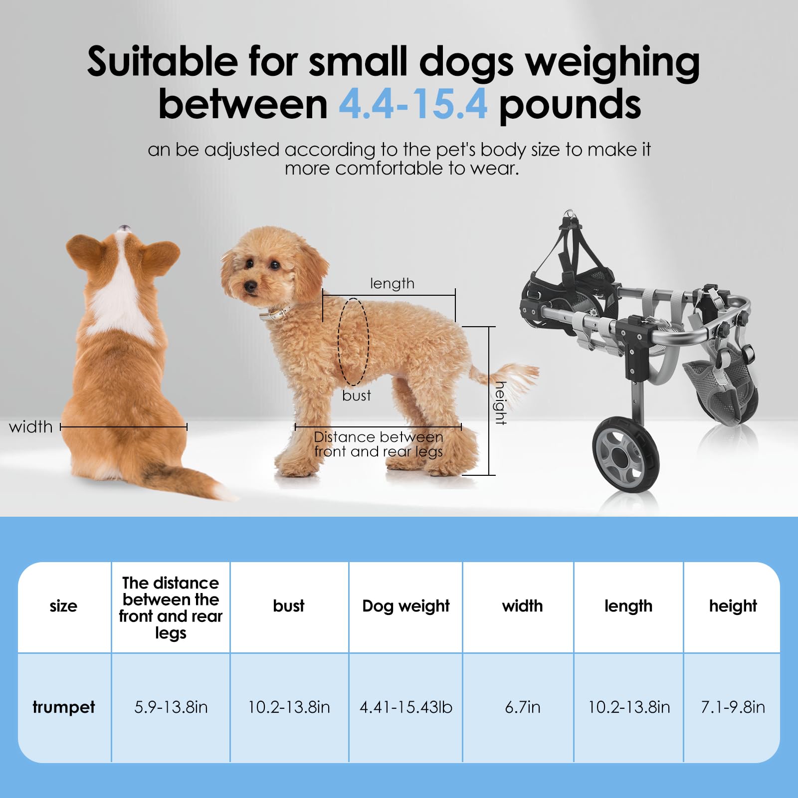 Sedia a rotelle per cani per gambe posteriori, carrello regolabile per riabilitazione a 2 ruote, in alluminio e rete di nylon, con custodia e corda per animali domestici paralizzati