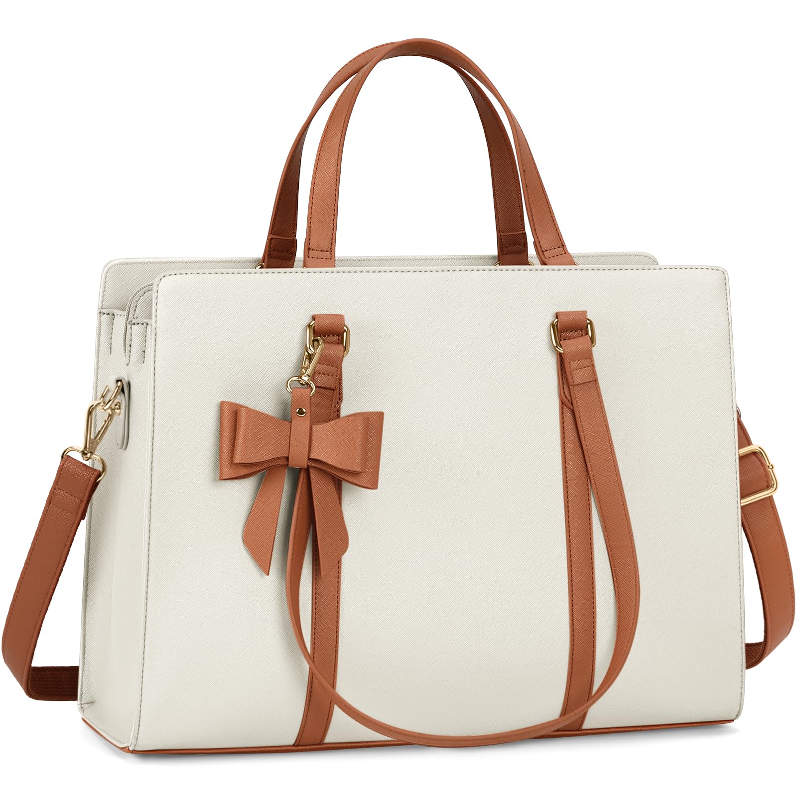 Laptop Bag for Women 15.6 inch Laptop Tote Bag Waterproof Leather Computer Bag Large Lightweight Briefcase Professional Business Office Work Bag, Beige Brown