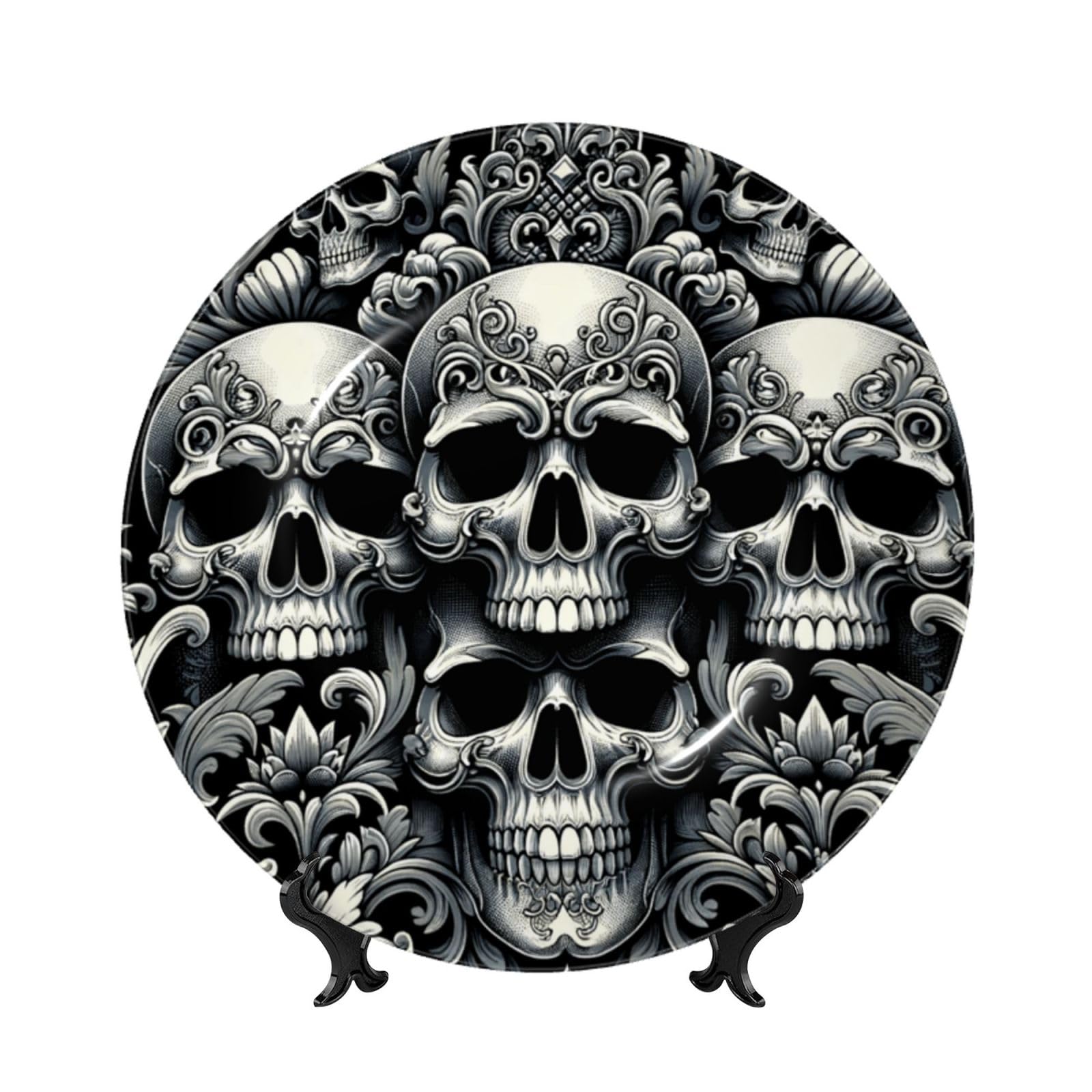 Dekorativer Teller mit Ständer, elegante Wandplatte, Barock-Skull-Schwarz, 25,4 cm