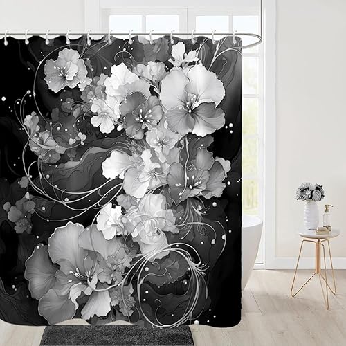 Uiiooazy Grey Shower Curtain for Bathroom Teal Blue Yellow Flowers Shower Curtai
