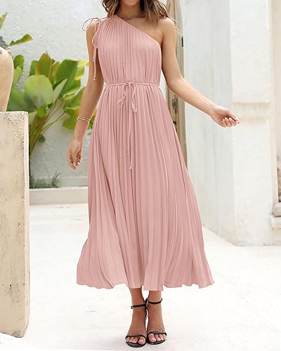 Vista 4 de BTFBM Vestido largo de verano con cordón y un hombro para mujer, sin mangas, con lazo en la cintura, plisado, largo y fluido, vestido de cóctel