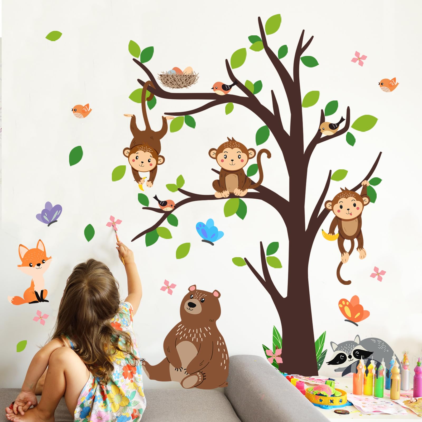 Purekay Jungle Animals Tree Wall Stickers Safari Bears Monkeys Fox Sloth Wall Decoration Nursery Nursery Children's Bedroom