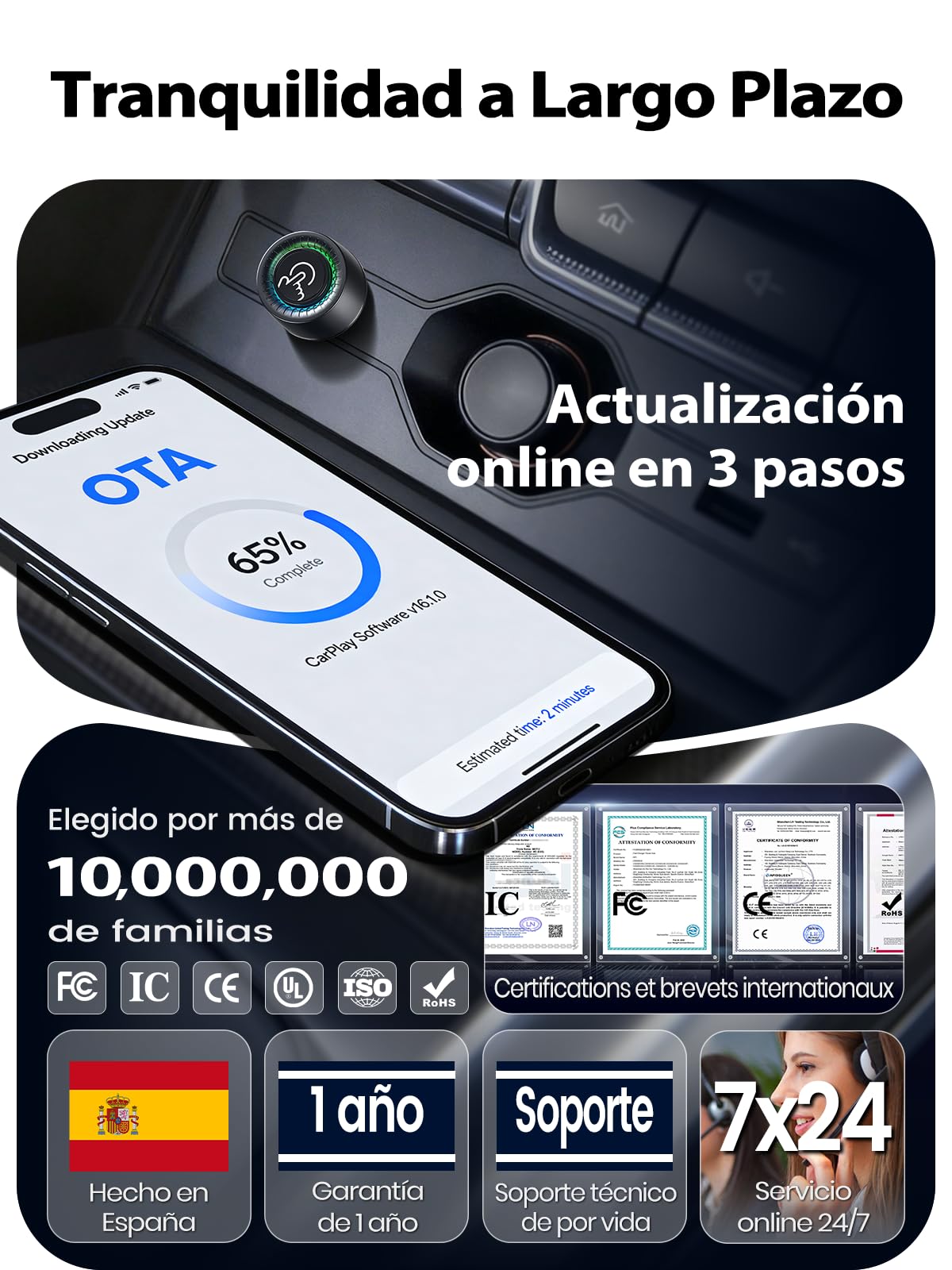 Adaptador CarPlay Inalámbrico, Cambio de Usuario con Botón, Android Auto Inalámbrico, 2026 Extra Pequeño, Conexión Estable sin Sobrecalentamiento, Compatible iOS 10+ y Android 10+, USB-A/USB-C