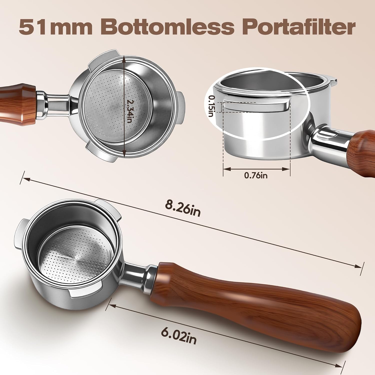 Bottomless Portafilter 51mm Compatible with CASABREWS CM5418, 5418Pro & 3700Essential - Stainless Steel 3-Ear Portafilter with Puck Screen & Filter Basket