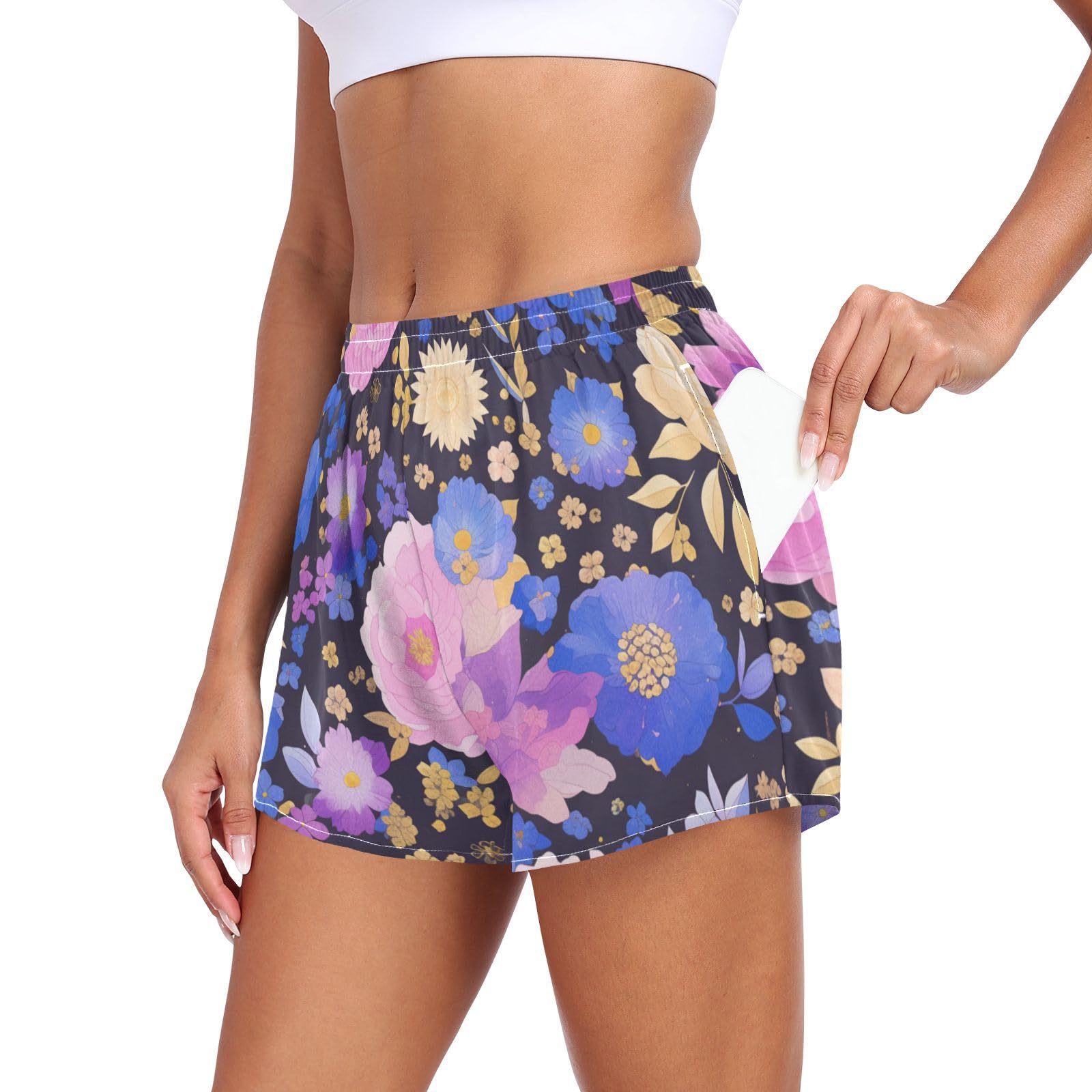 EtherSpher Pink Purple Cartoon Lovely Flowers Women's Athletic Shorts with Pockets Teens Work Out Shorts for Running Lounging Fishing Hiking ropa para correr Mujer L