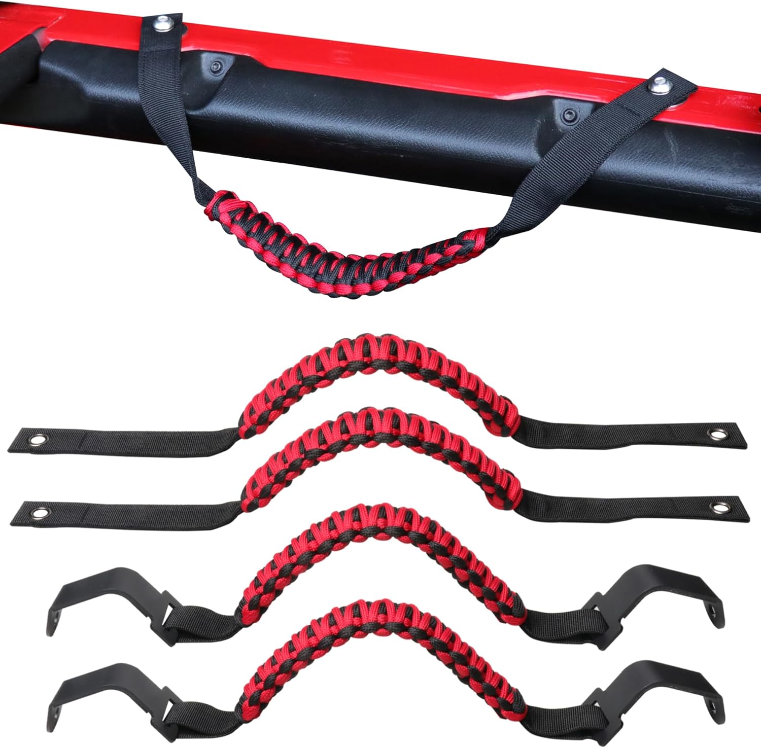 Front Rear Door Roll Bar Grab Handles Compatible with 2024 2025 Jeep Wrangler JL 4 Door 4XE Gladiator JT Interior Accessories Paracord Grip Handle, Keep Airbag Function, 4 Pack Red Classic
