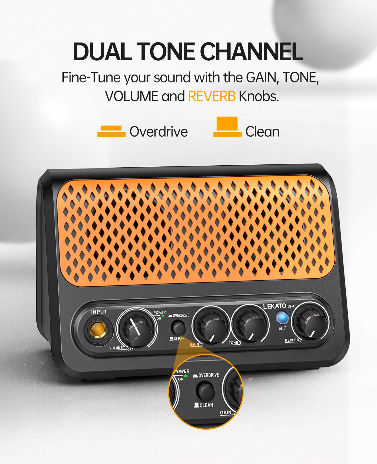 LEKATO Mini amplificateur de Guitare électrique Portable 10 W avec Canal Clean & Overdrive, réverbération et connectivité Bluetooth (Noir-Orange)