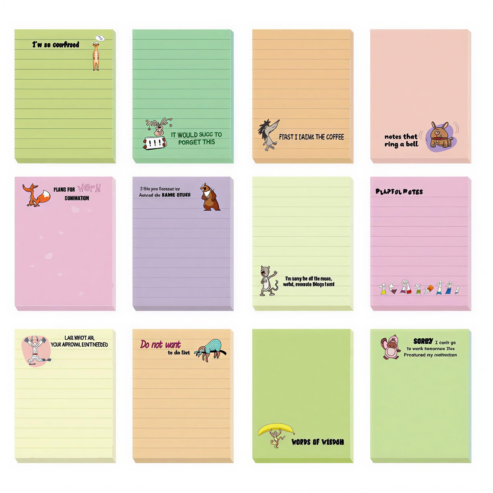 12 Pack 7.5x10cm Cute Animal Sticky Notes Set, 360 Sheets Funny Self-Stick