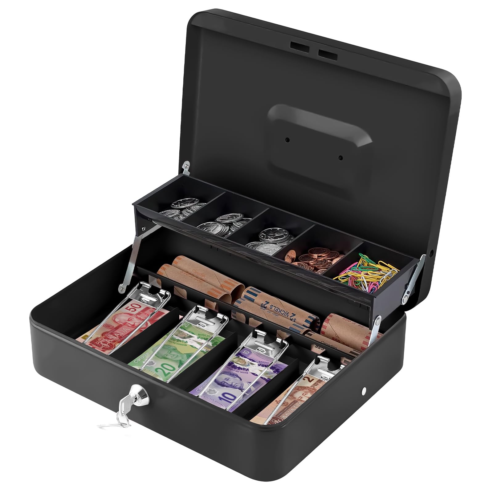 Metal Cash Box With Lock – Portable Safe Box For Bills, Coins, Jewelry & Watches, Blue, 11.8" X 9.4" X 3.5"