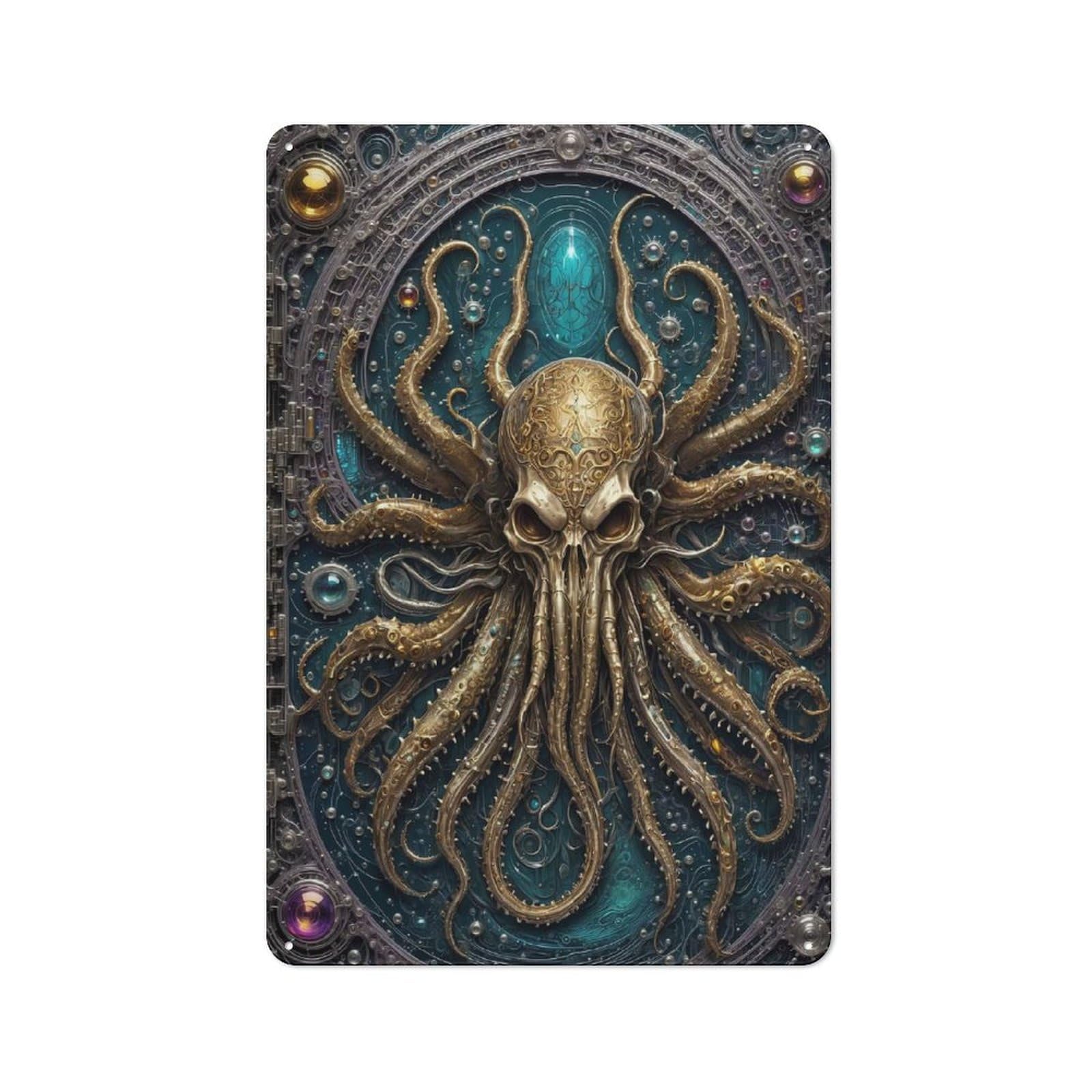 Junmoney Style-17 Vintage Decorative Tin Sign 30X20cm Featuring Steampunk Golden Kraken, Retro Room Decor For Bedroom, Office, Home Bar Or Dining Room
