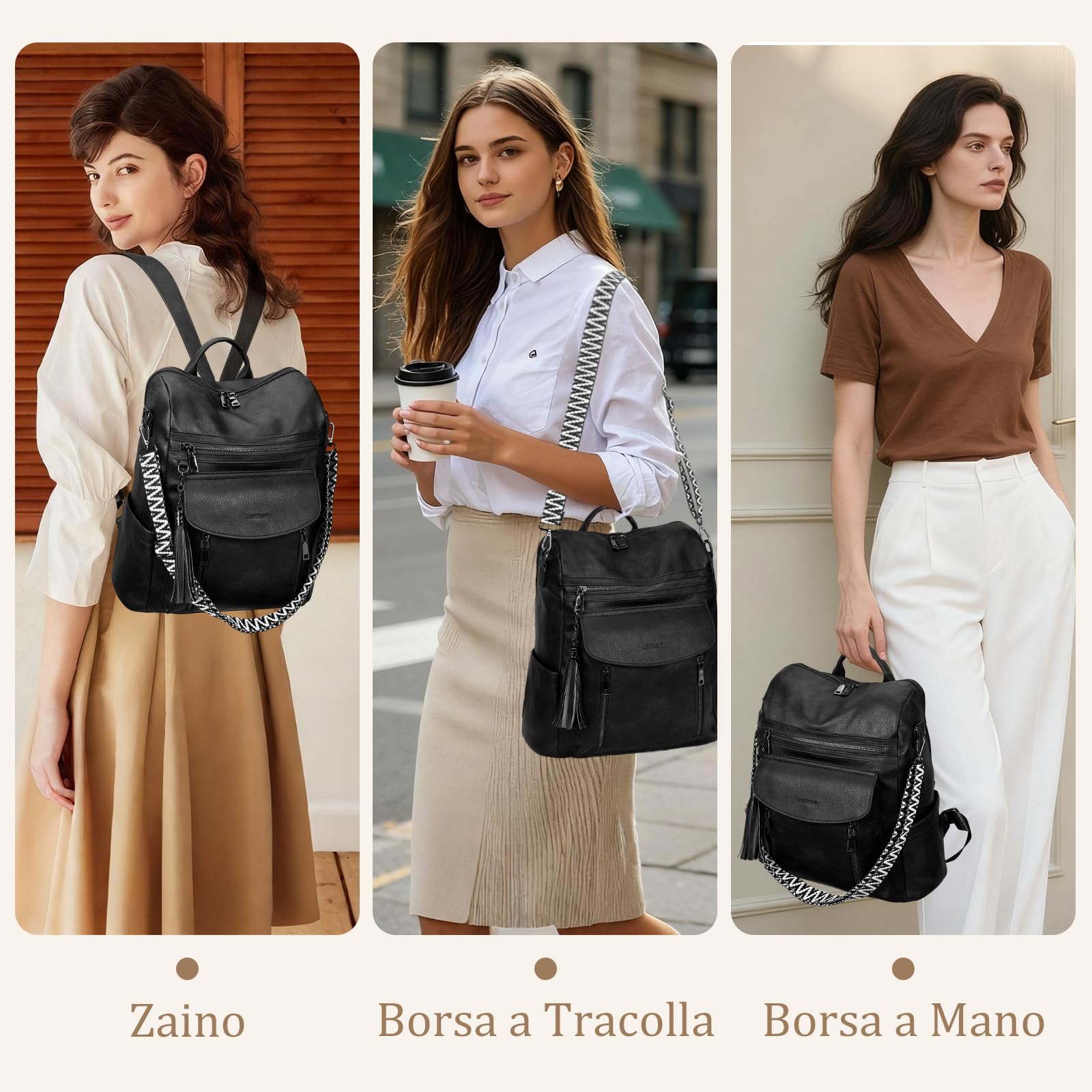 Leathario Zaino da Donna in Pelle Vegana Impermeabile e Antifurto, Zainetto Elegante per Laptop, per Ufficio, Università e Viaggi(Nero Assoluto)