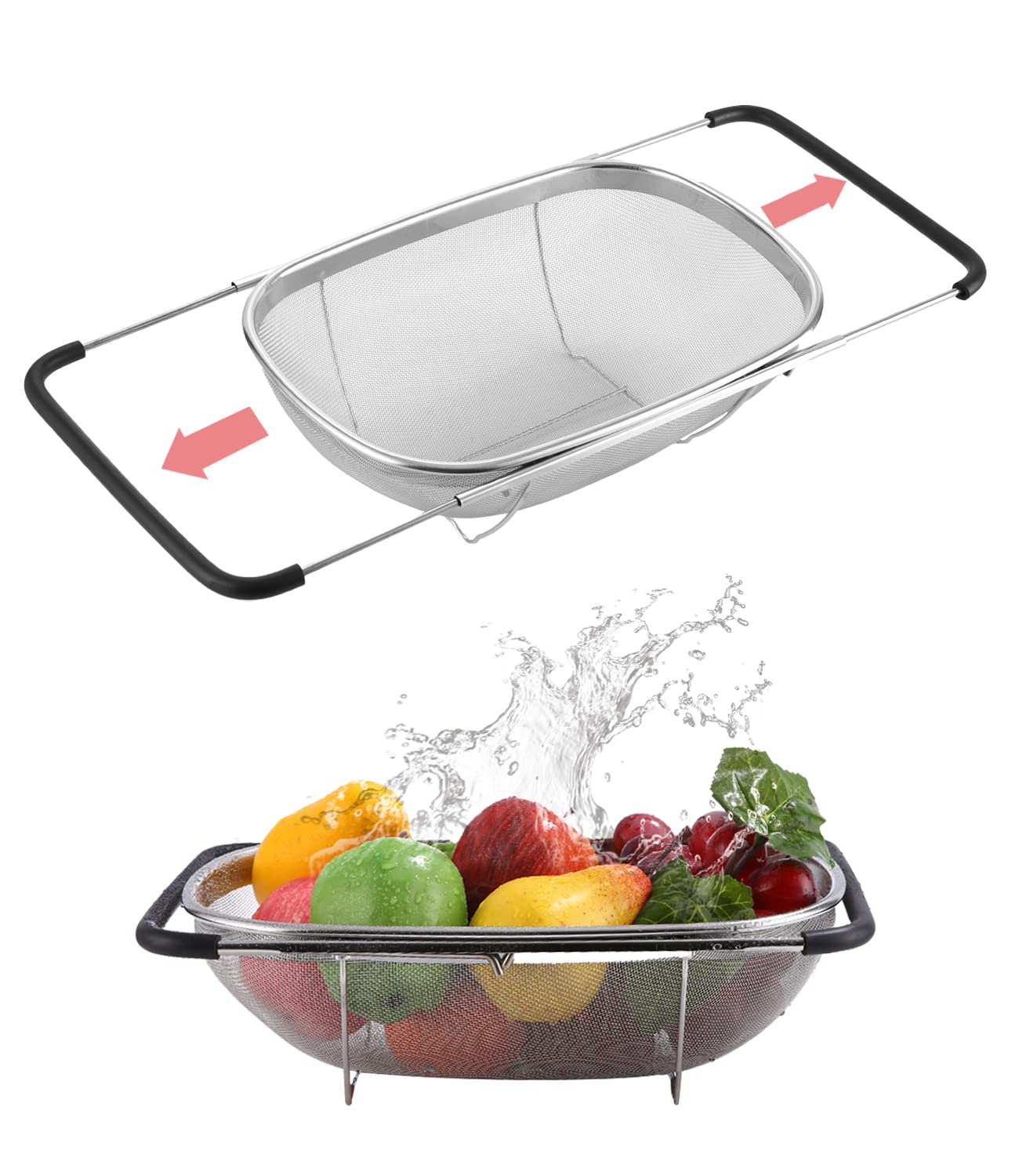 Jissta Colador de acero inoxidable,colador de 6 litros con cesta de tamiz fino y cuchara extensible,colador de fregadero extensible para colar,escurrir y lavar frutas y verduras