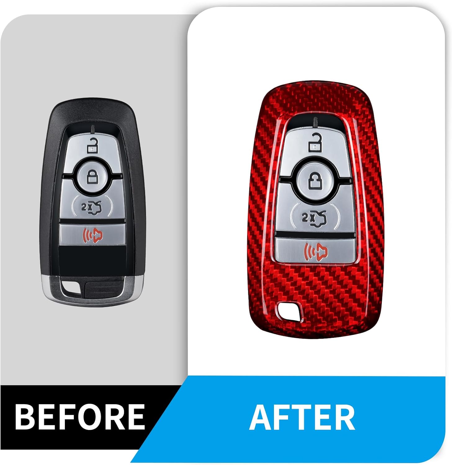 T-carbon Key Fob Cover with Keychain Fits Ford F150 F250 F350 F450 Mustang Explorer 2025 Accessories,Glass Fiber Key Case Fits Ford Escape Edge Ranger Expedition 2024 Smart Keyless 3 4 Buttons RED