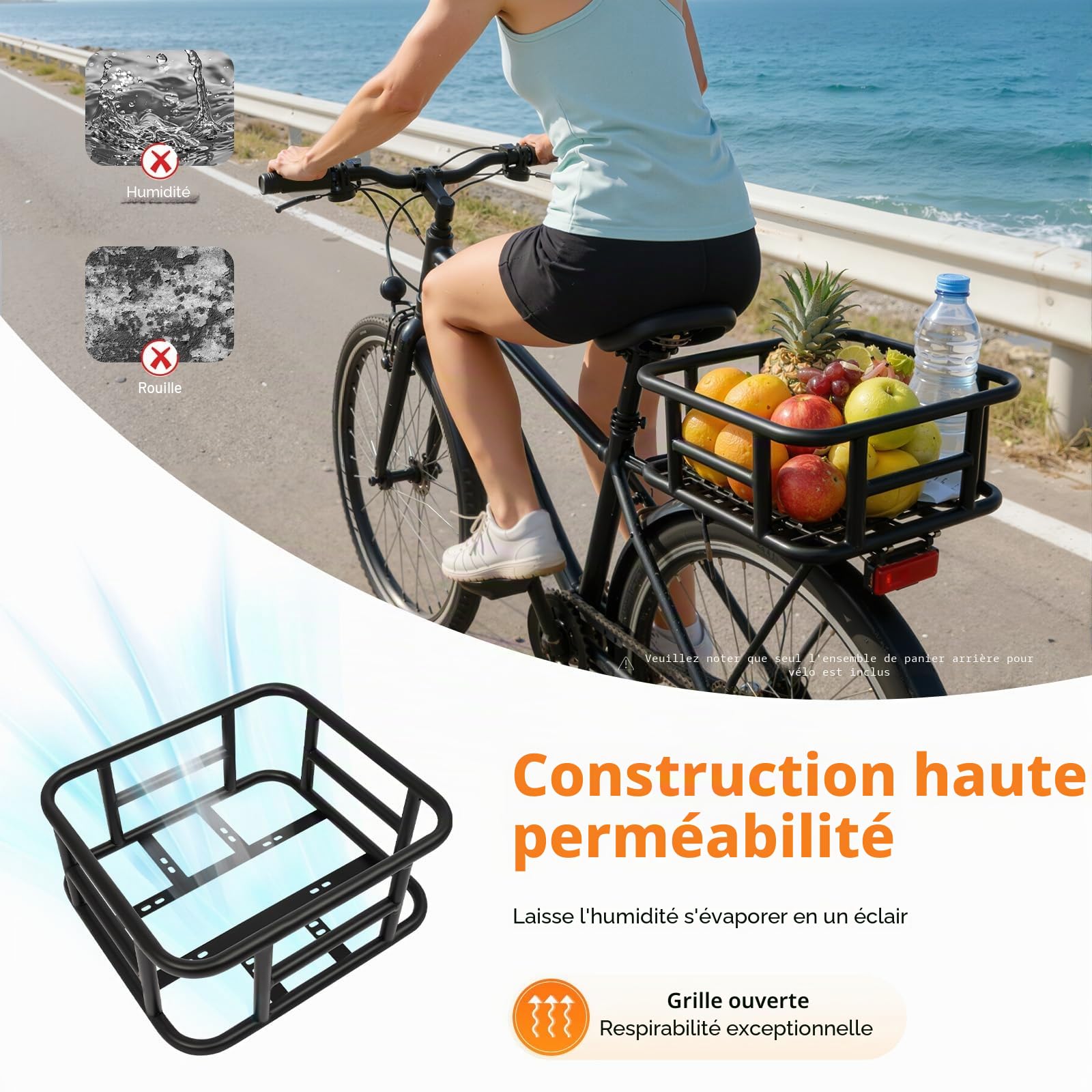 Panier de vélo arrière amovible, facile à installer, pour la plupart des vélos et vélos électriques, 34,3 x 30,5 x 15 cm